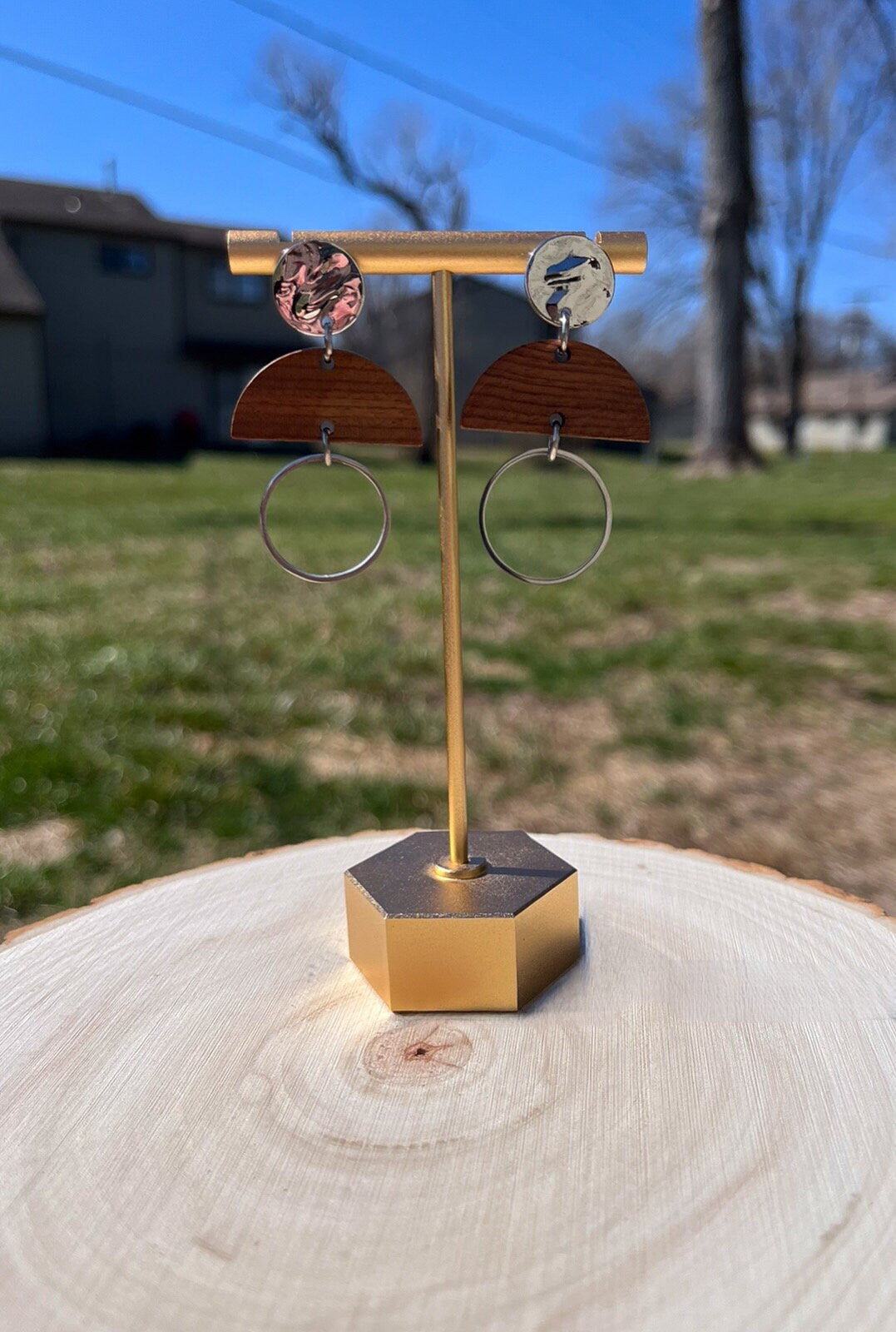 Abstract Stainless Steel Wood Earrings | Abstract Circle Earrings | Statement Dangle Earrings | Stainless Steel Earrings | Lightweight |