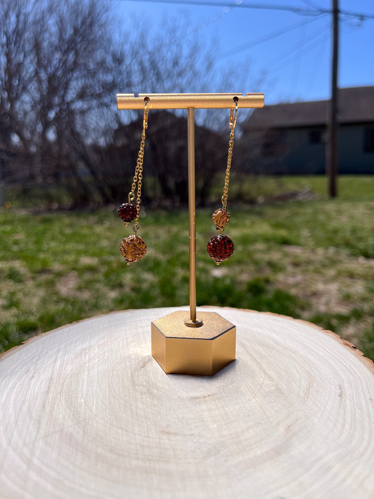 Brown Sparkle Dangle Earrings | Dainty Gold Statement Earrings | Sparkly Brown Mismatched Dangle Earrings | Stainless Steel Earrings |