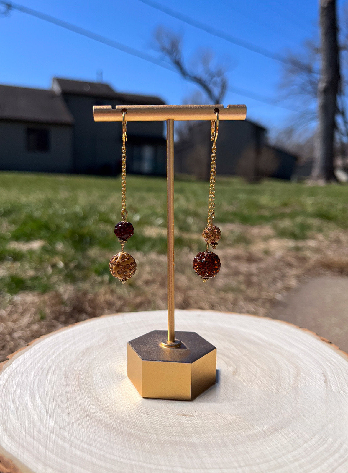 Brown Sparkle Dangle Earrings | Dainty Gold Statement Earrings | Sparkly Brown Mismatched Dangle Earrings | Stainless Steel Earrings |