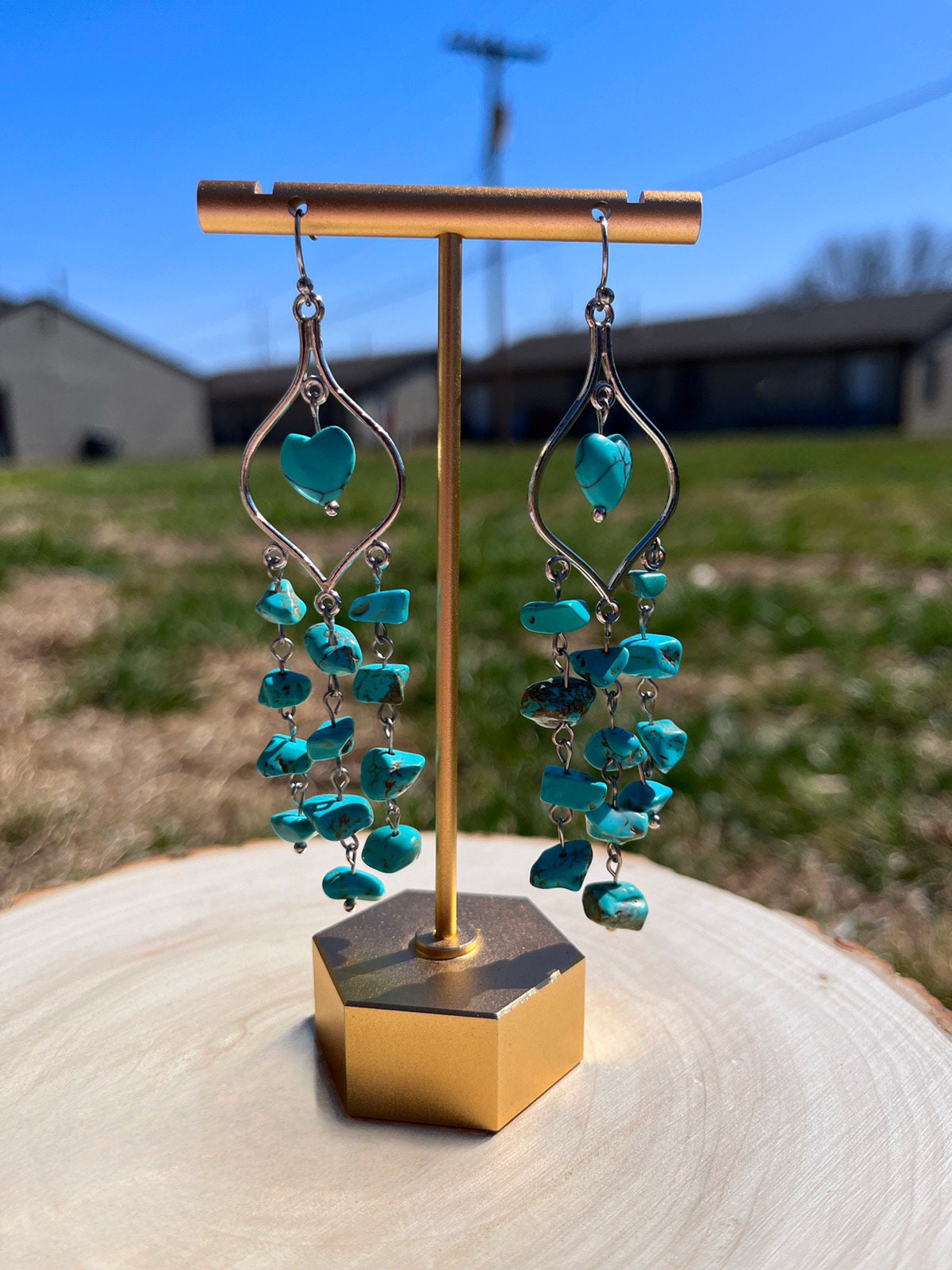 Faux Turquoise Stone Dangle Earrings | Large Statement Dangle | Turquoise Blue Chip | Western Boho Chic | Silver Jewelry | Chandelier Style