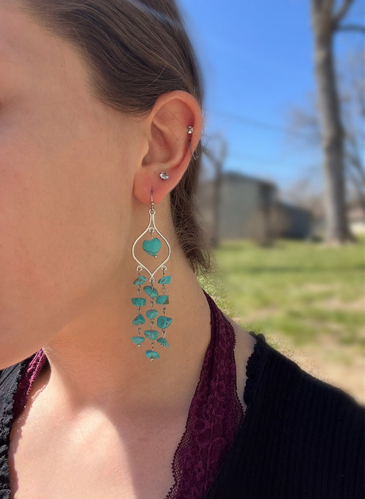 Faux Turquoise Stone Dangle Earrings | Large Statement Dangle | Turquoise Blue Chip | Western Boho Chic | Silver Jewelry | Chandelier Style