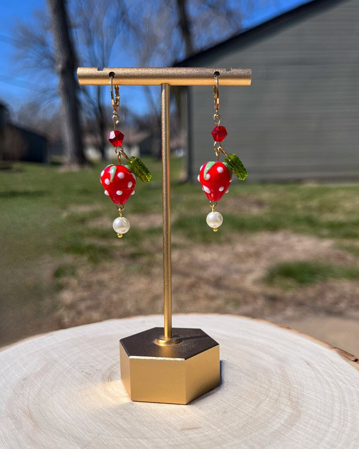 Strawberry Glass Earrings | Summer Fruit Cottage Core Earrings | Glass Gold Strawberry Huggies | Stainless Steel Earrings | Lightweight |