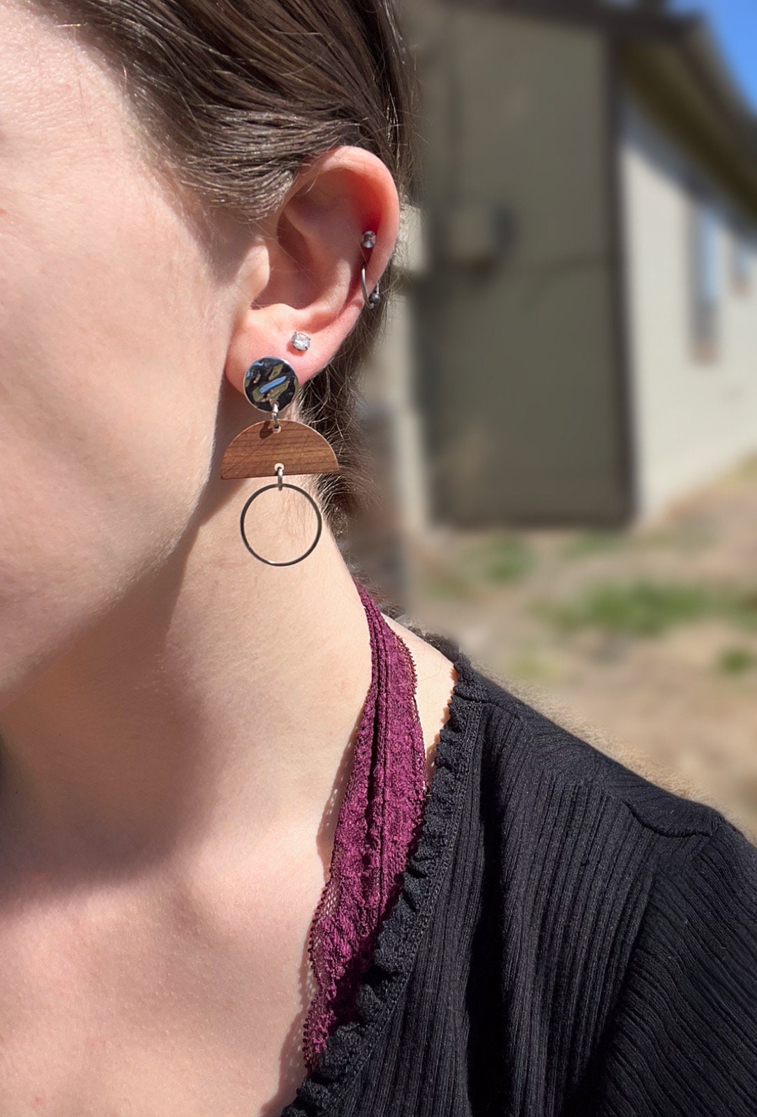 Abstract Stainless Steel Wood Earrings | Abstract Circle Earrings | Statement Dangle Earrings | Stainless Steel Earrings | Lightweight |