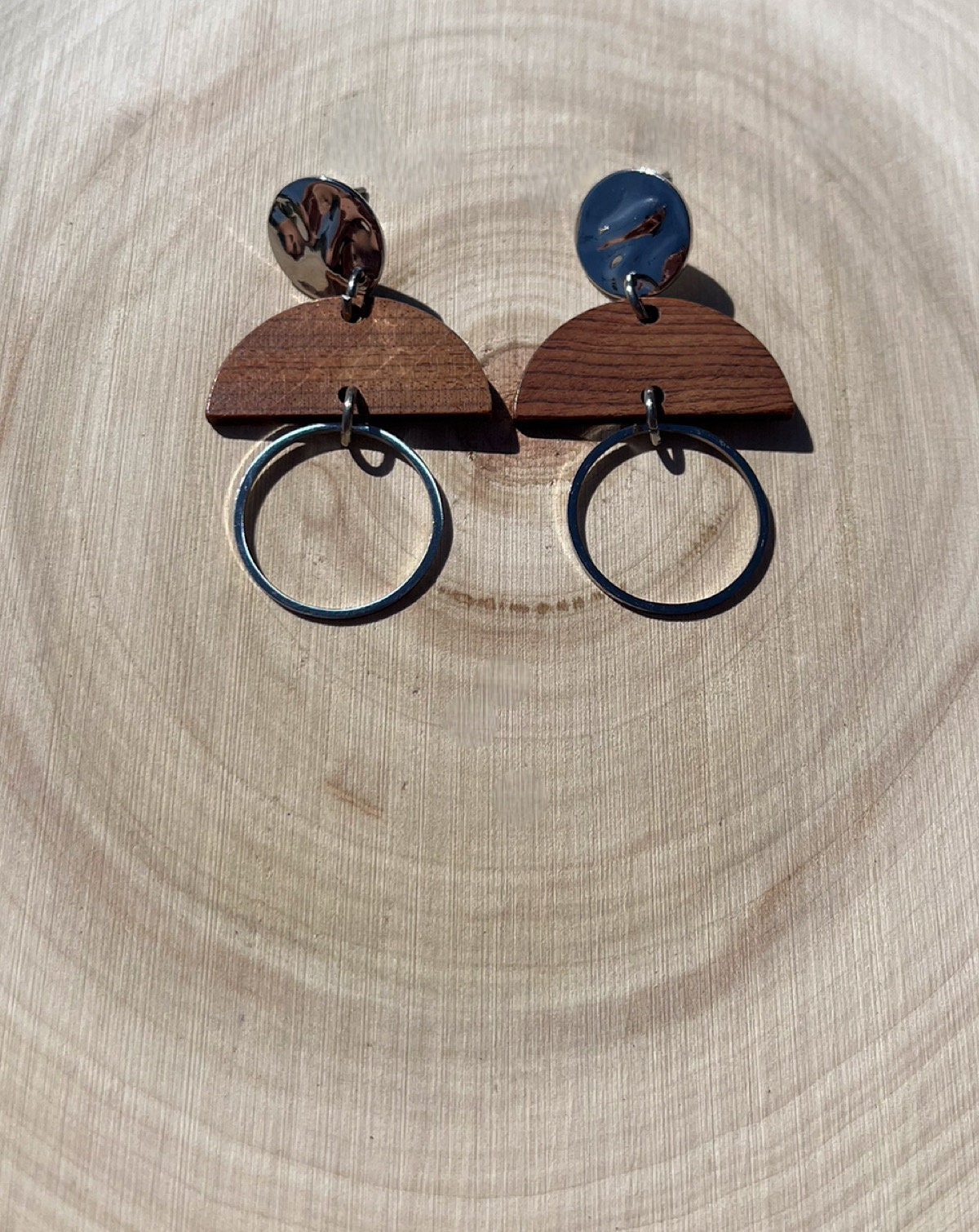 Abstract Stainless Steel Wood Earrings | Abstract Circle Earrings | Statement Dangle Earrings | Stainless Steel Earrings | Lightweight |