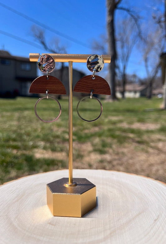 Abstract Stainless Steel Wood Earrings | Abstract Circle Earrings | Statement Dangle Earrings | Stainless Steel Earrings | Lightweight |