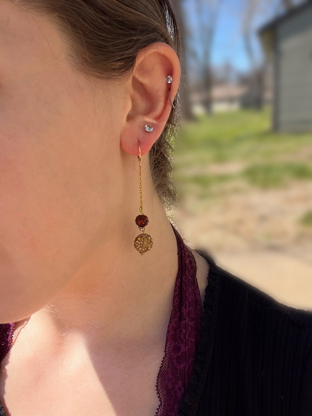 Brown Sparkle Dangle Earrings | Dainty Gold Statement Earrings | Sparkly Brown Mismatched Dangle Earrings | Stainless Steel Earrings |