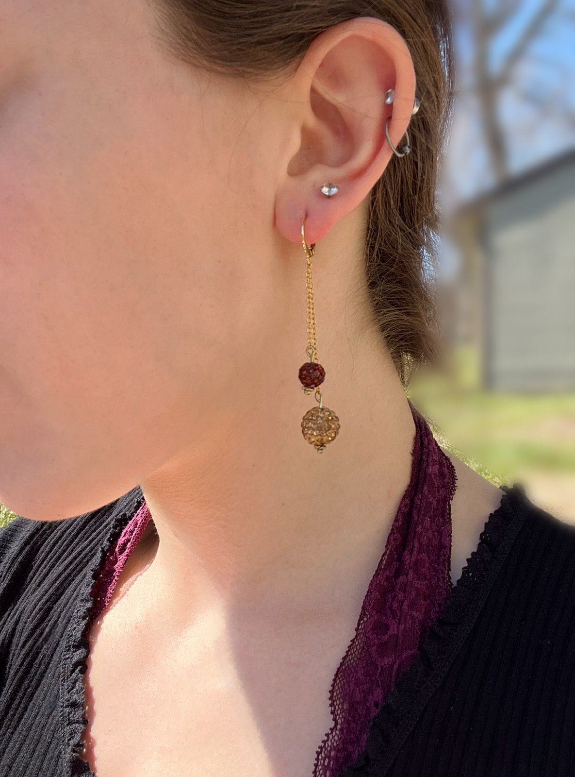 Brown Sparkle Dangle Earrings | Dainty Gold Statement Earrings | Sparkly Brown Mismatched Dangle Earrings | Stainless Steel Earrings |