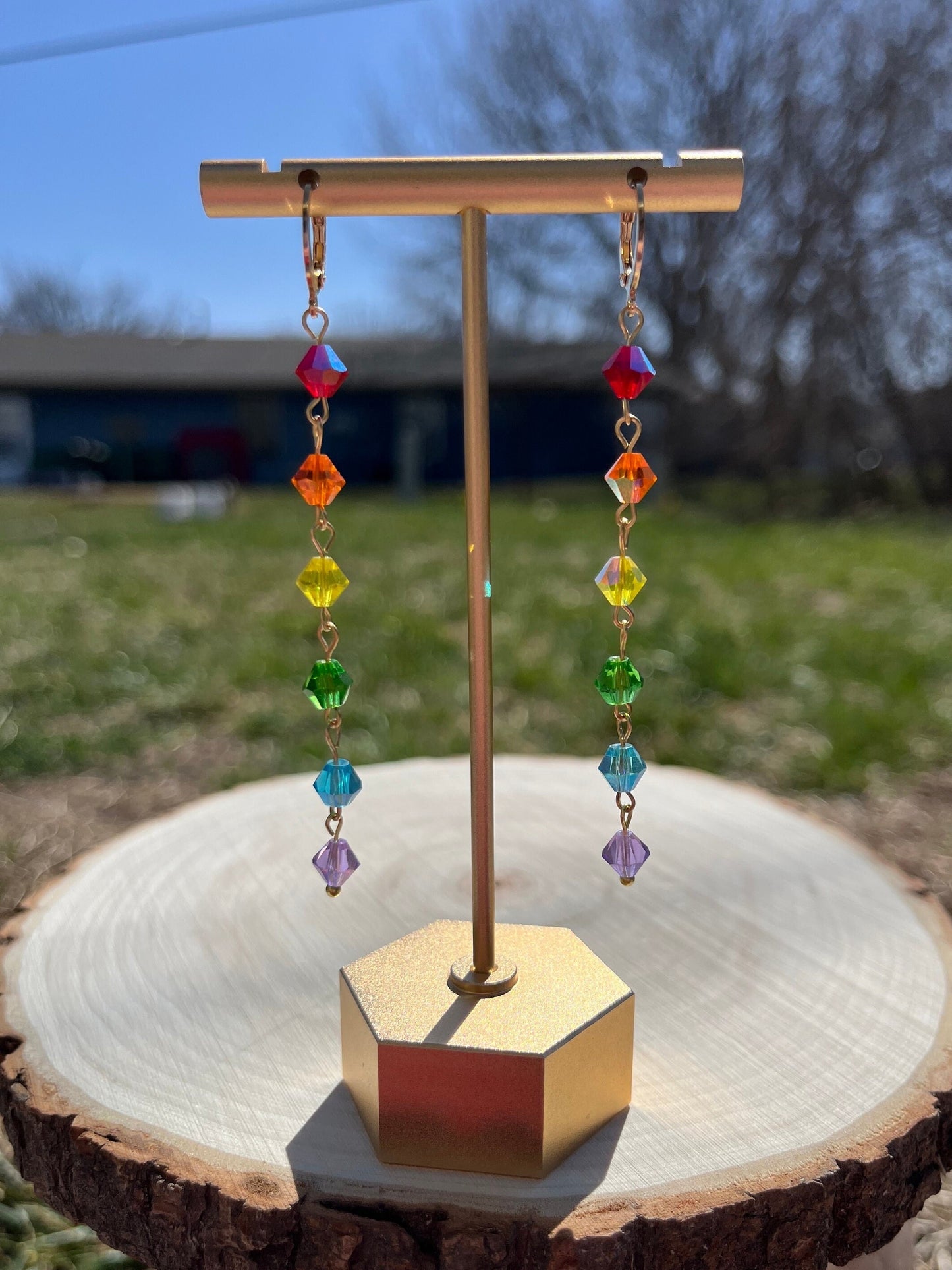 Glass Rainbow Beaded Earrings | Rainbow Color Earrings | Gold Jewelry | Dangle Long Earrings | Colorful Shiny Summer Earrings |
