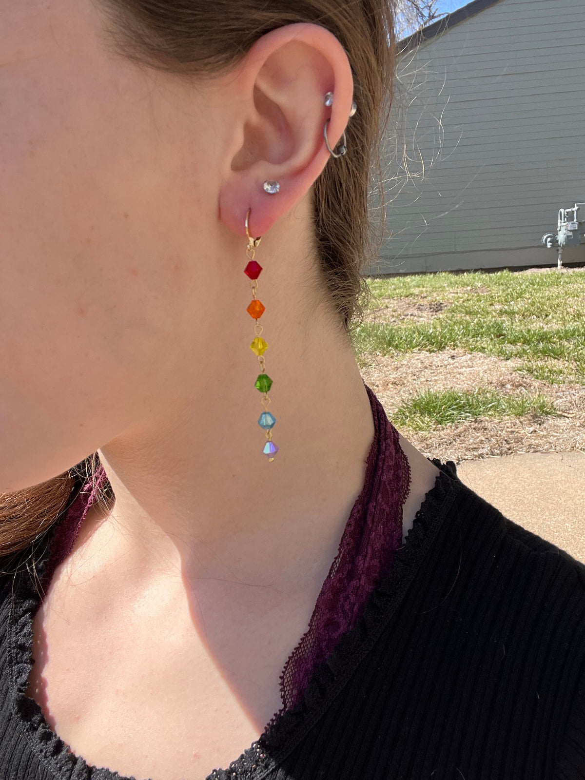 Glass Rainbow Beaded Earrings | Rainbow Color Earrings | Gold Jewelry | Dangle Long Earrings | Colorful Shiny Summer Earrings |