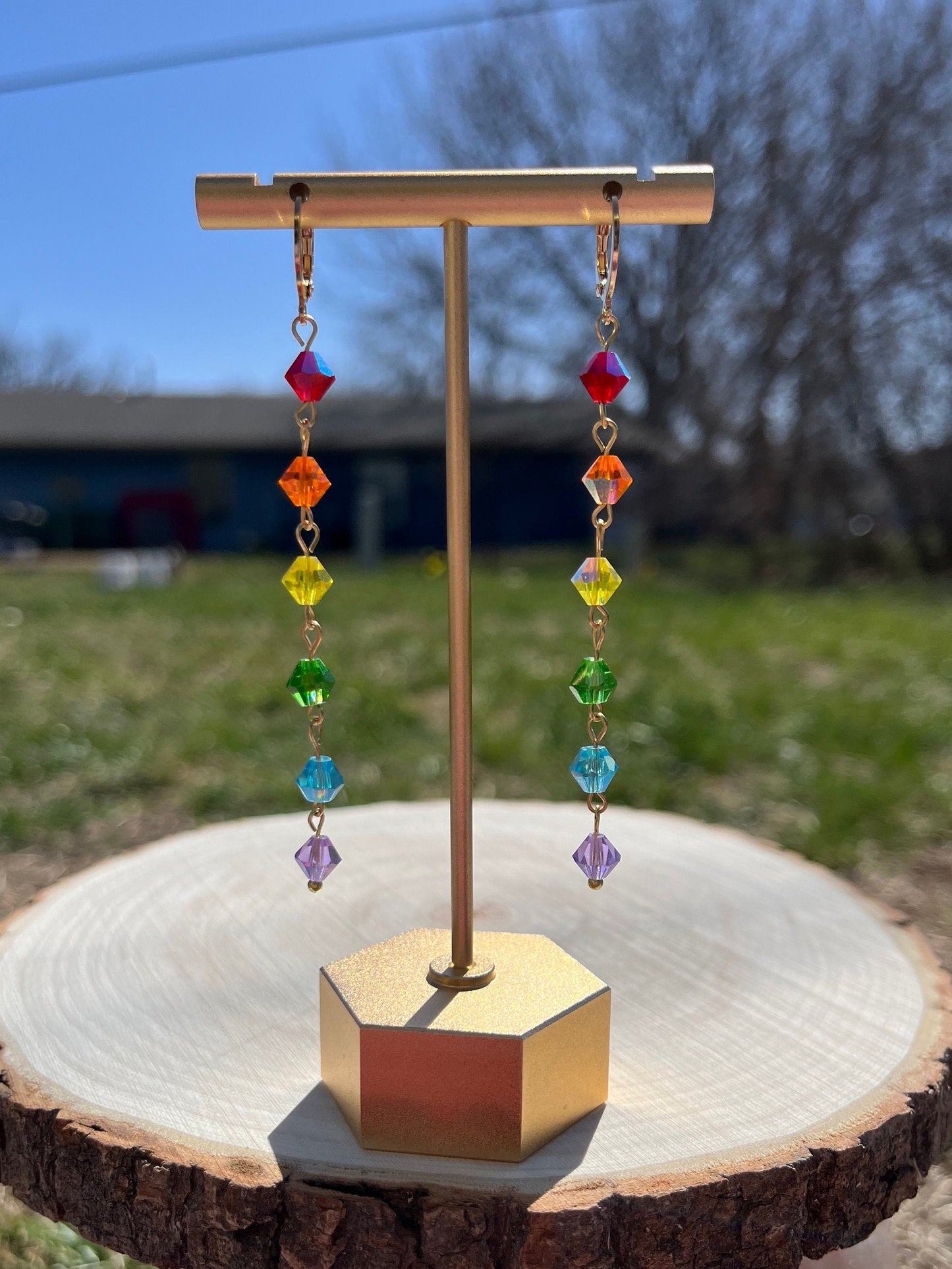 Glass Rainbow Beaded Earrings | Rainbow Color Earrings | Gold Jewelry | Dangle Long Earrings | Colorful Shiny Summer Earrings |