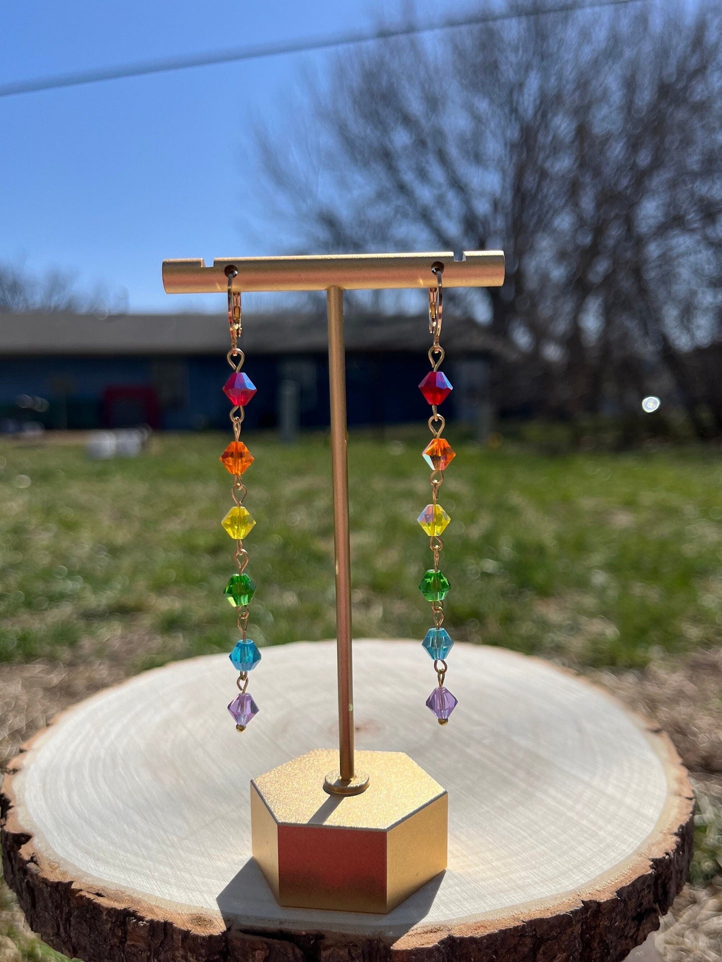 Glass Rainbow Beaded Earrings | Rainbow Color Earrings | Gold Jewelry | Dangle Long Earrings | Colorful Shiny Summer Earrings |