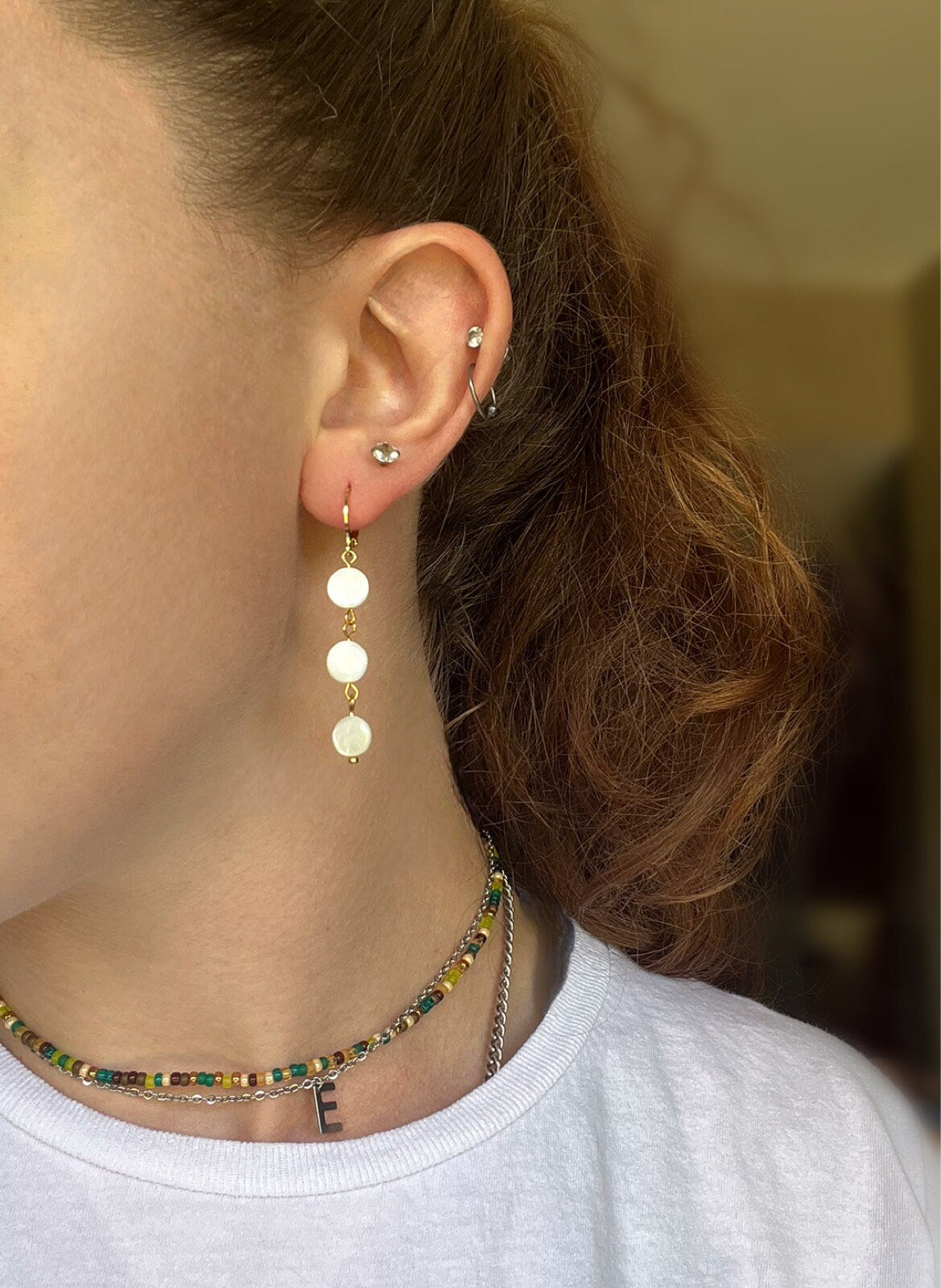 Circle Stack Shell Earrings | Dainty Pearl Earrings | Small Minimal Shell Earrings | Gold Dangle Earrings | Women Summer Lightweight |