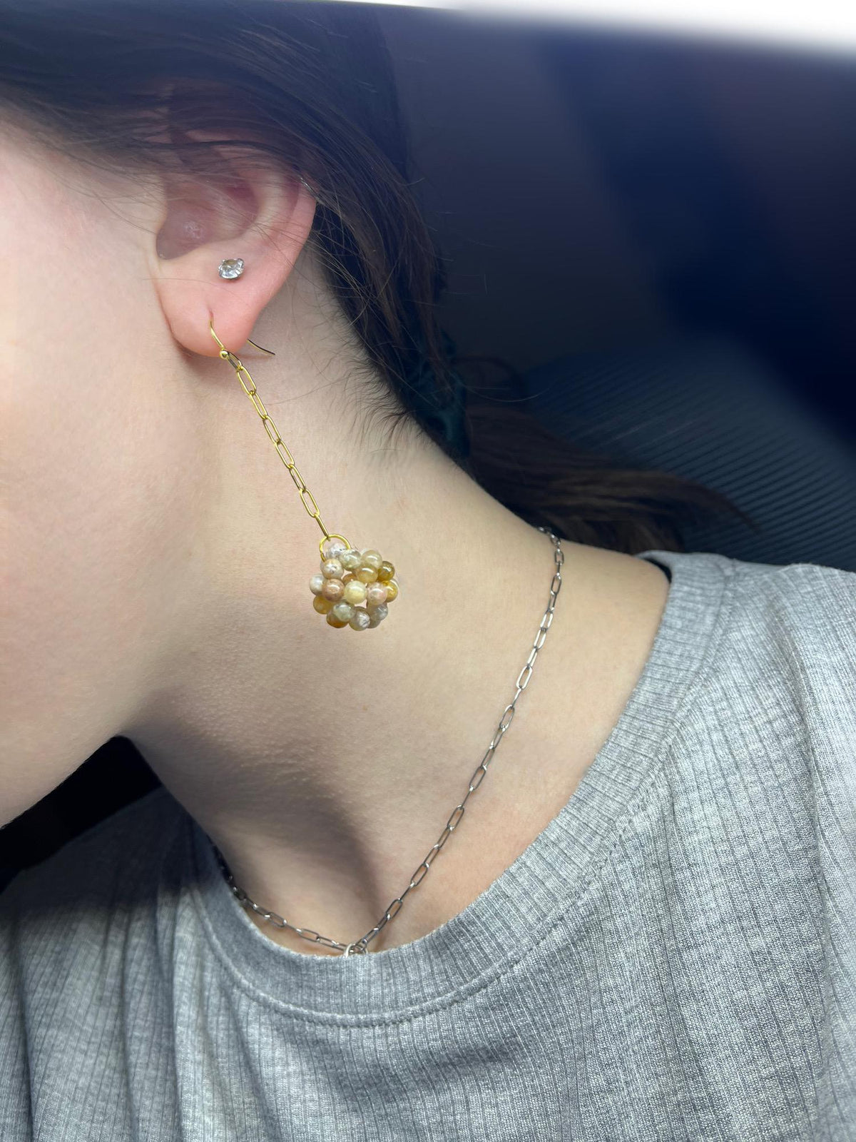 Paperclip Chain Stone Dangle Earrings | Natural Stone Gemstone Earrings | Earrings for Women | Simple Professional Gold Jewelry |