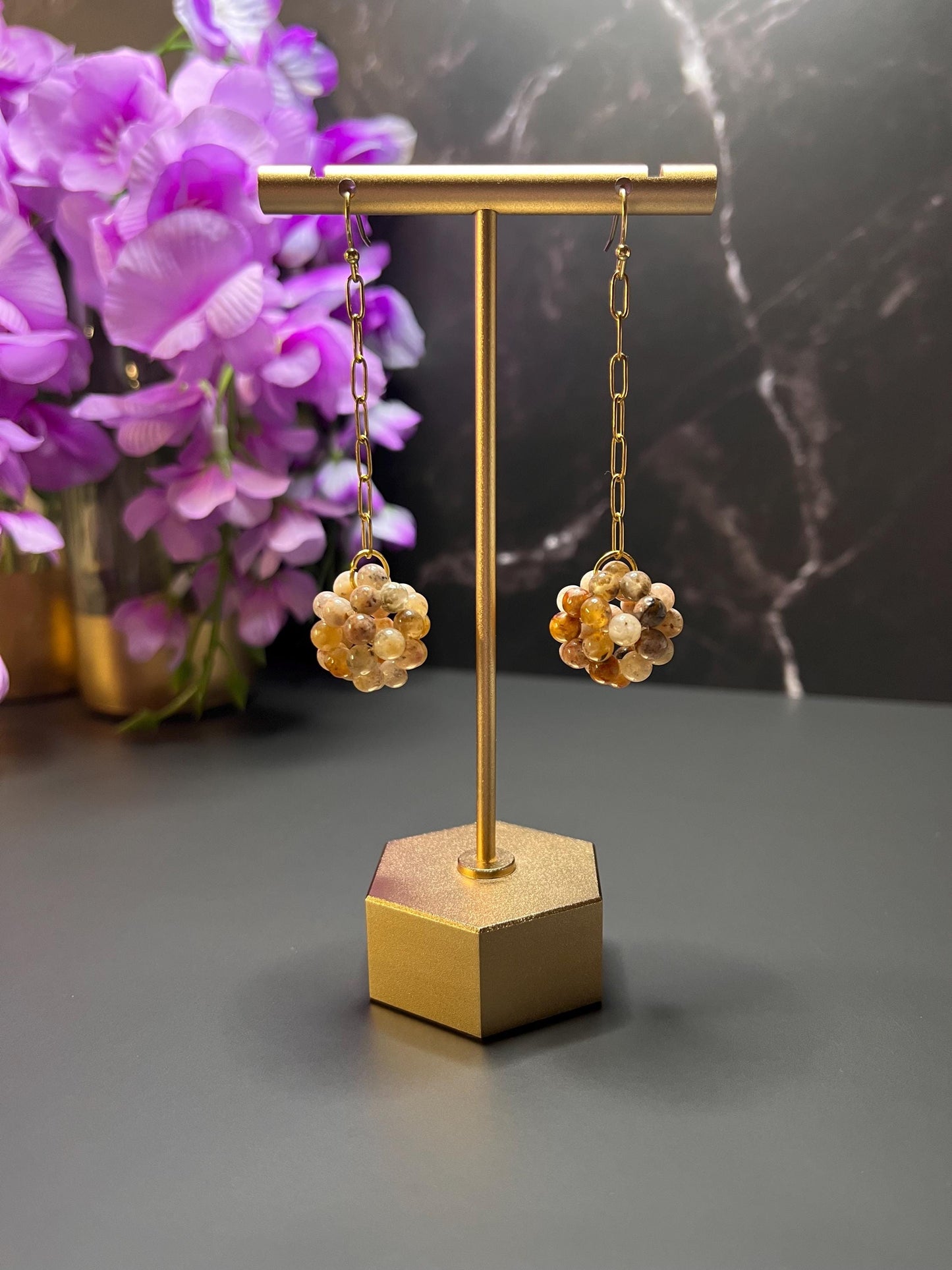 Paperclip Chain Stone Dangle Earrings | Natural Stone Gemstone Earrings | Earrings for Women | Simple Professional Gold Jewelry |