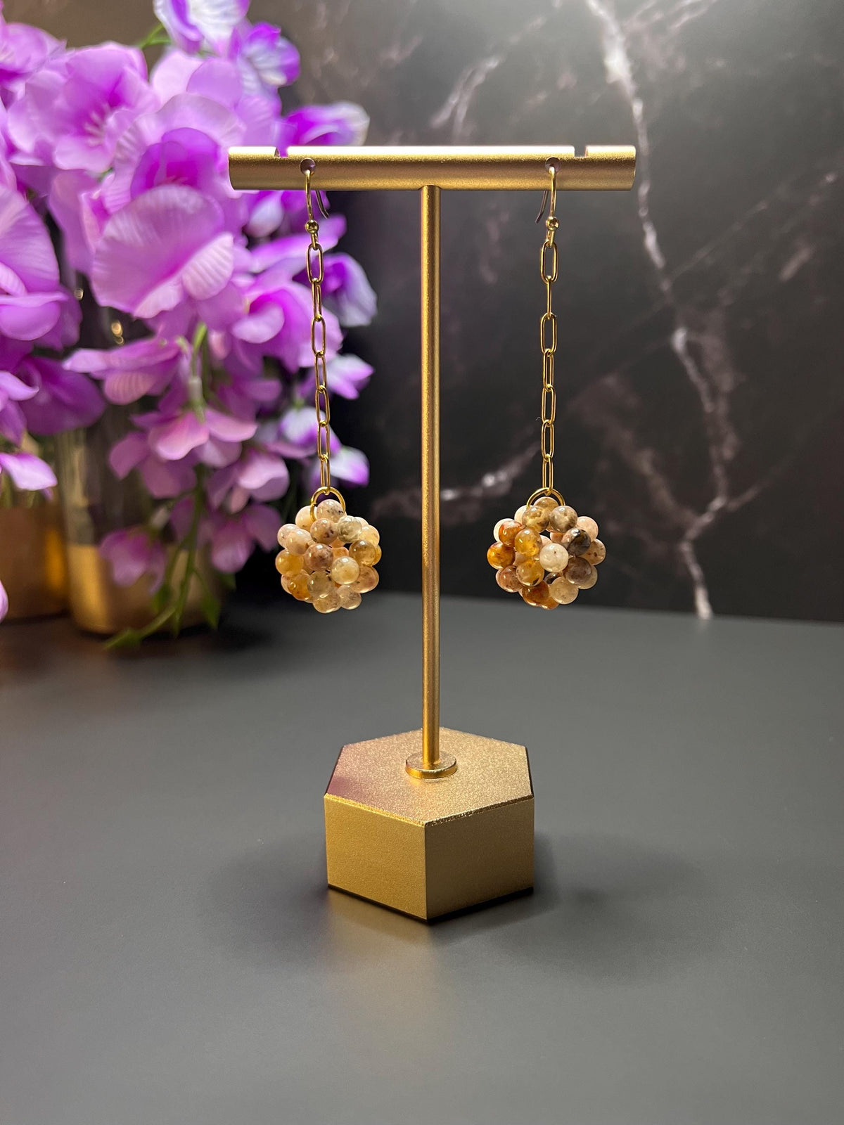Paperclip Chain Stone Dangle Earrings | Natural Stone Gemstone Earrings | Earrings for Women | Simple Professional Gold Jewelry |