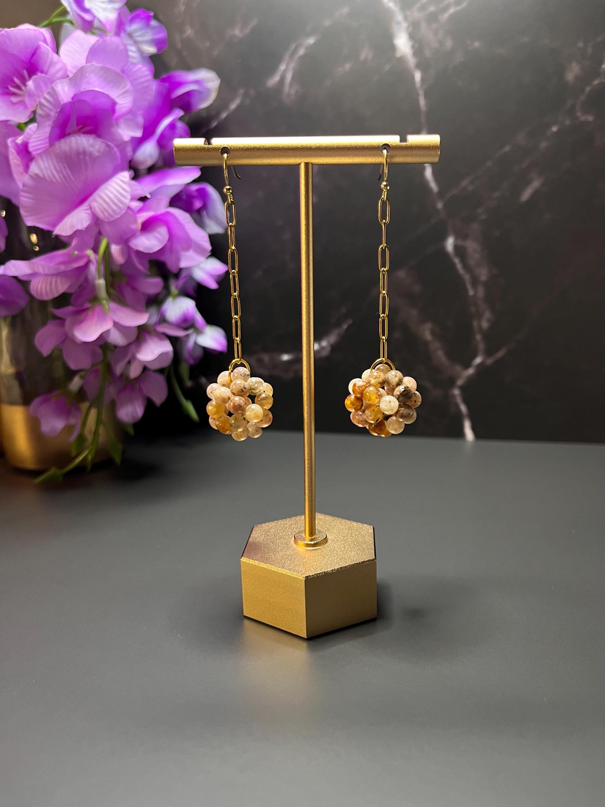 Paperclip Chain Stone Dangle Earrings | Natural Stone Gemstone Earrings | Earrings for Women | Simple Professional Gold Jewelry |