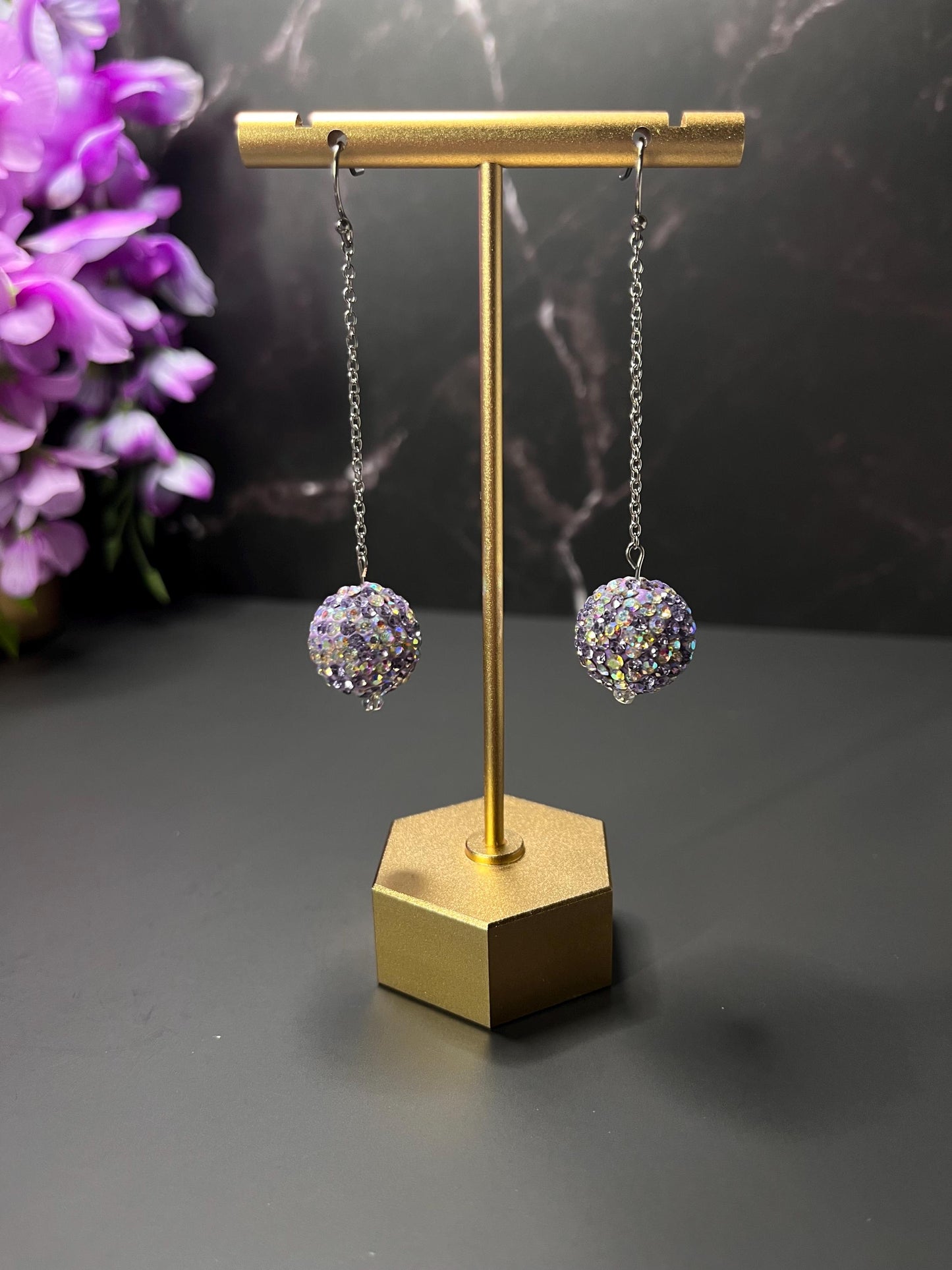 Sparkly Purple Rhinestone Earrings | Lightweight Drop Earrings for Women | Sparkly Light Purple Earrings | Fun Party Game Day | Simple |