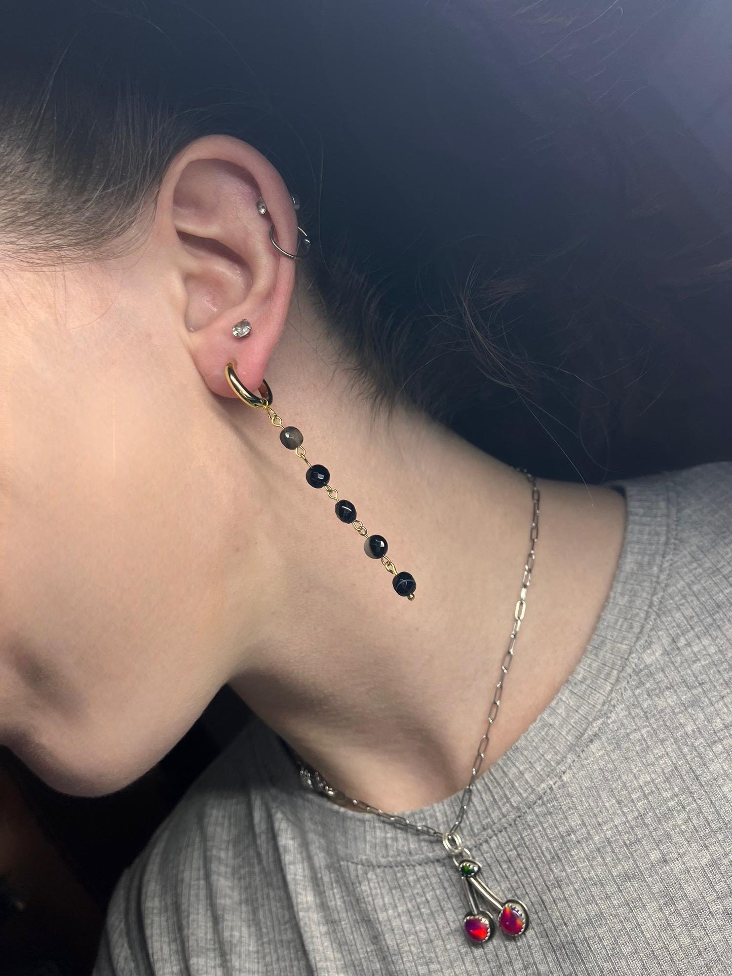 Agate Stone Drop Earrings | Chunky Gold Hoop Stone Earrings | Black Agate | Earrings for Women | Dainty Formal Lightweight Jewelry |