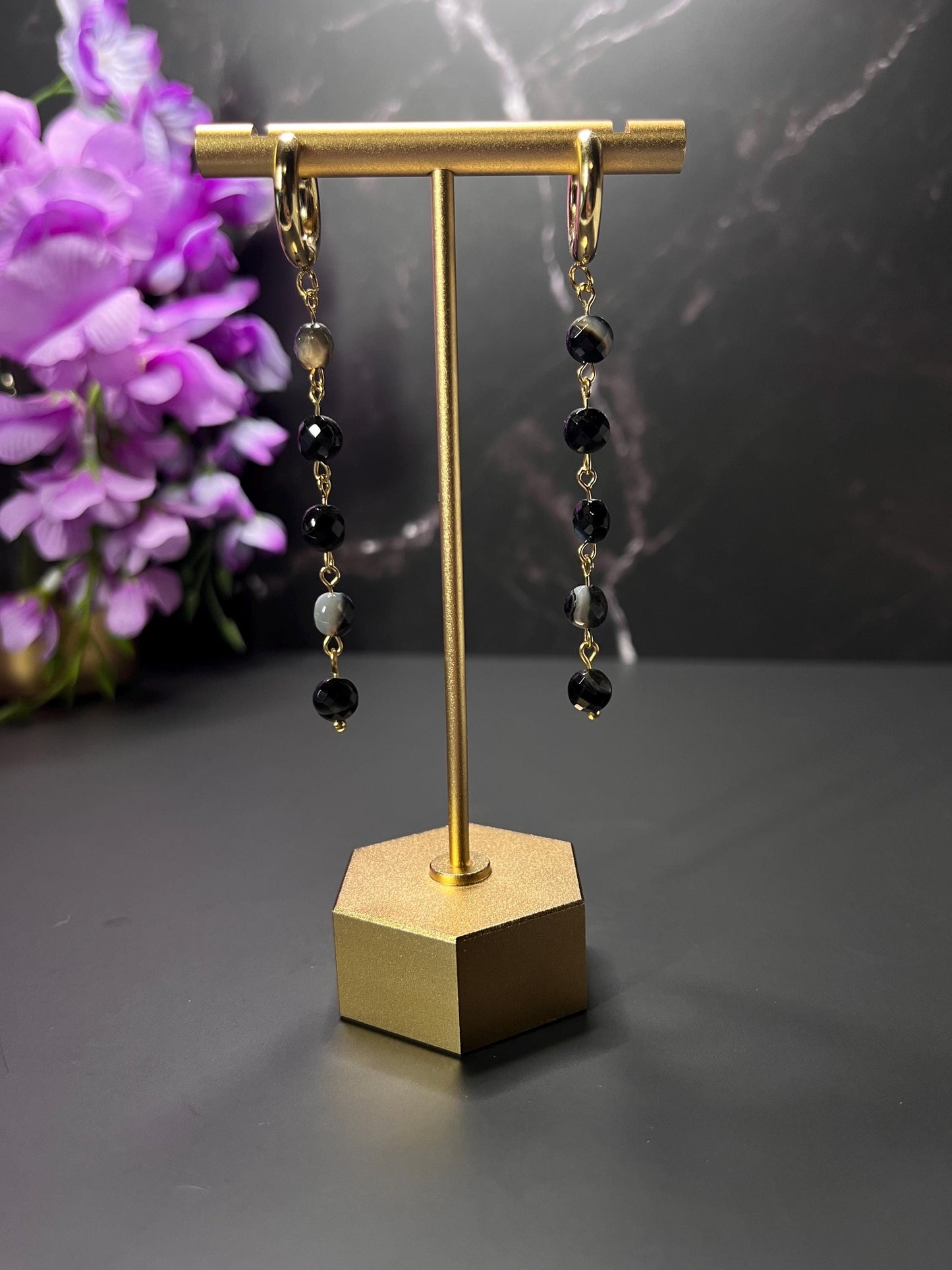 Agate Stone Drop Earrings | Chunky Gold Hoop Stone Earrings | Black Agate | Earrings for Women | Dainty Formal Lightweight Jewelry |