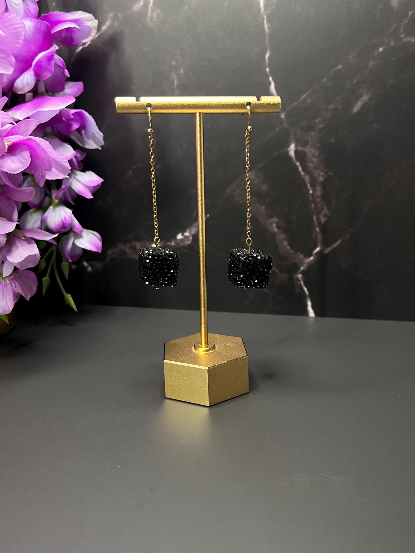 Black Rhinestone Square Earrings | Elegant Black and Gold Earrings | Lightweight Stainless Steel | Square Beaded Earrings | Gifts for Her |