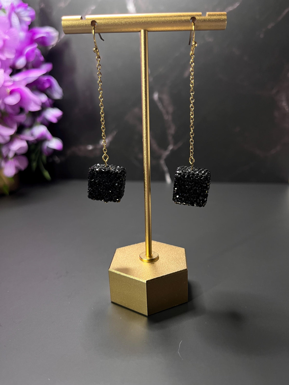 Black Rhinestone Square Earrings | Elegant Black and Gold Earrings | Lightweight Stainless Steel | Square Beaded Earrings | Gifts for Her |