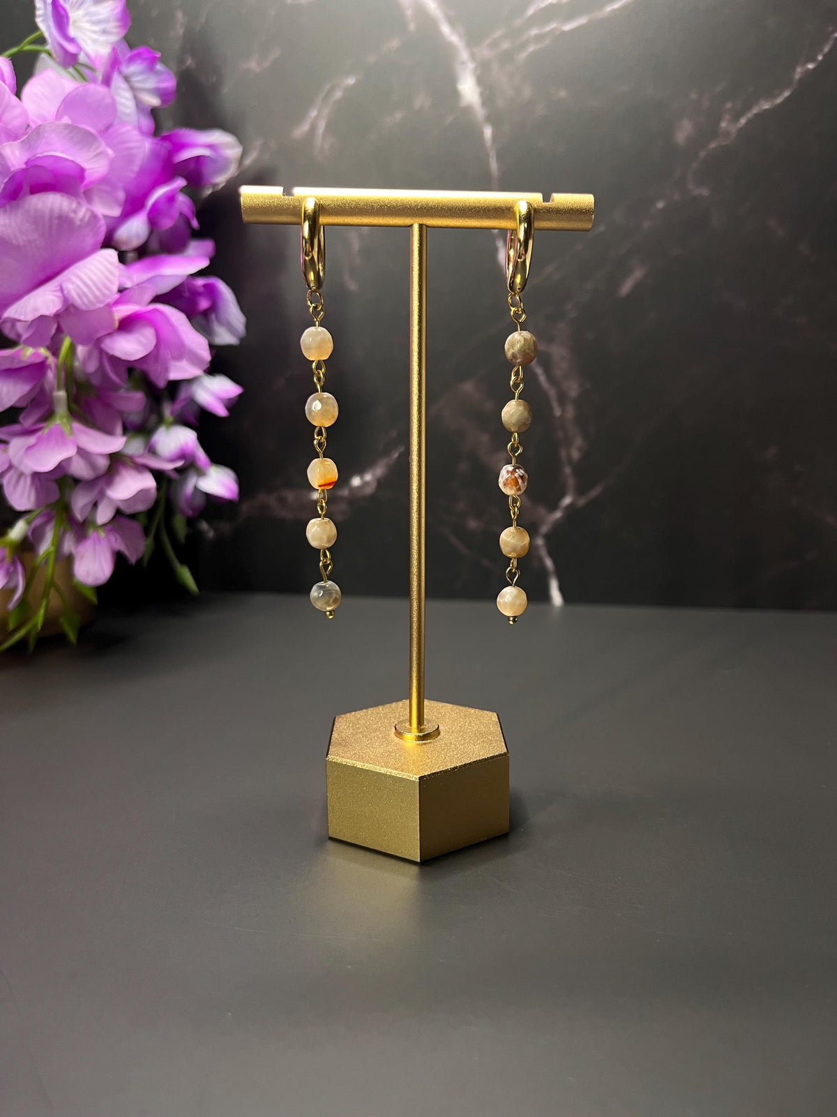 Chunky Gold Hoop Earrings | Agate Stone Drop Earrings | Earthy Natural Color Earrings | Minimalist Everyday Wear | Stainless Steel Hoops |
