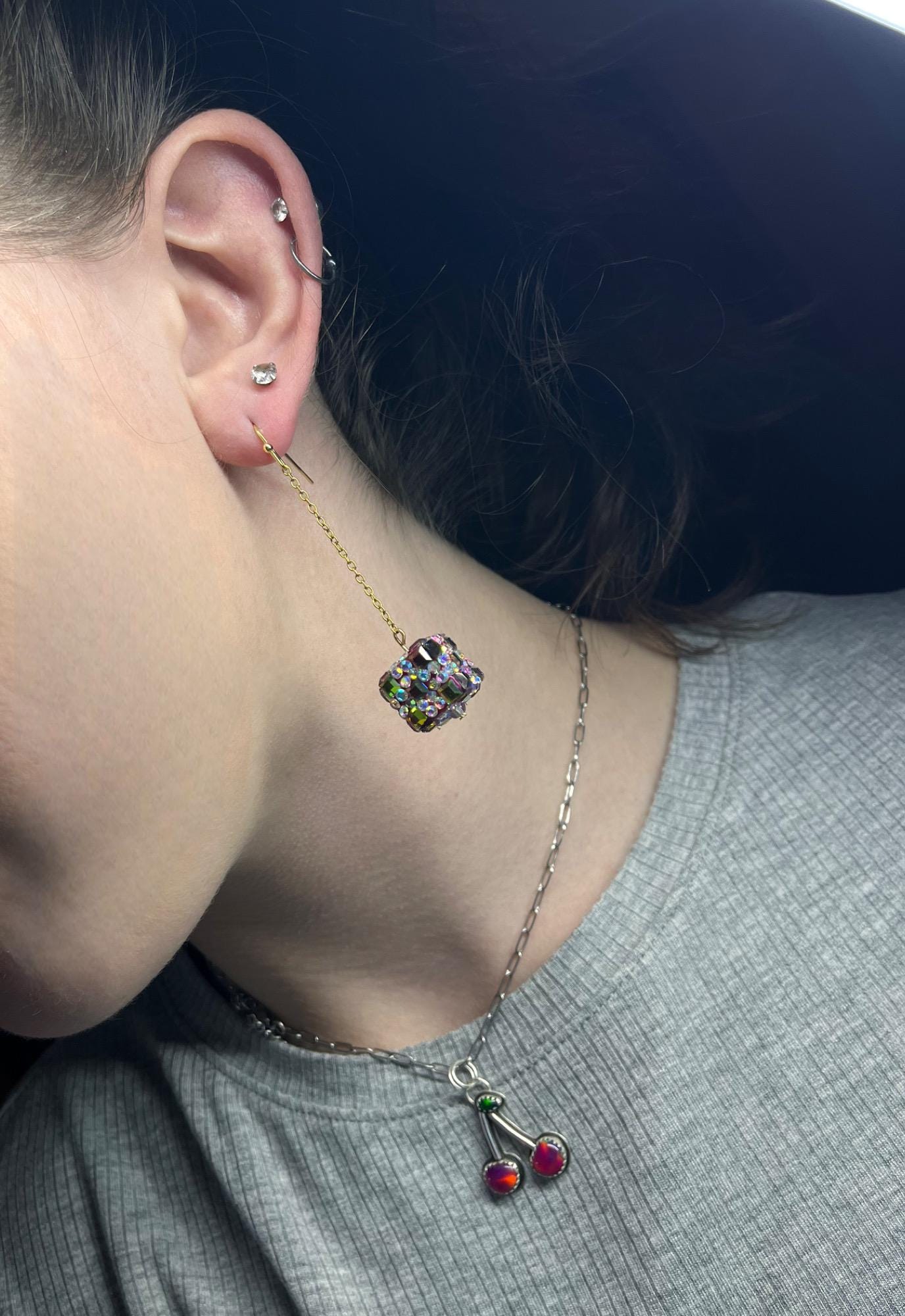 Sparkly Square Rhinestone Earrings | Magenta and Green Drop Earrings | Formal Minimalist Drop Earrings | Gifts for Her | Stainless Steel |