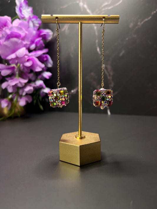 Sparkly Square Rhinestone Earrings | Magenta and Green Drop Earrings | Formal Minimalist Drop Earrings | Gifts for Her | Stainless Steel |