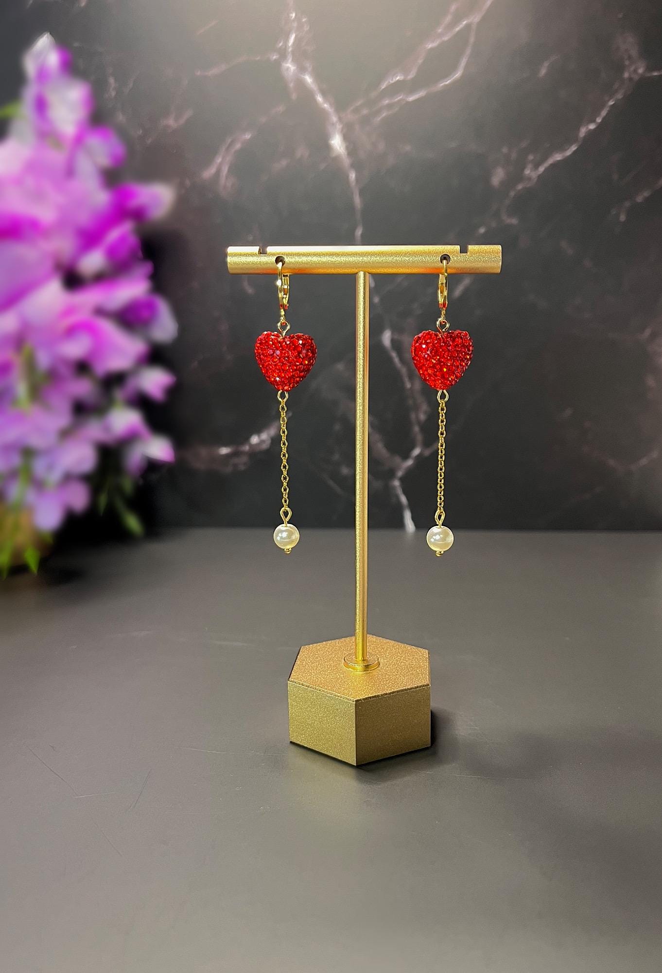 Heart Balloon Earrings | Valentines Day Rhinestone Heart Earrings | Red Gold Pearl Earrings for Women | Stainless Steel Non-Tarnish Earrings