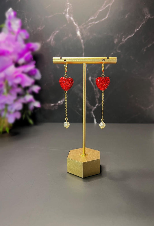 Heart Balloon Earrings | Valentines Day Rhinestone Heart Earrings | Red Gold Pearl Earrings for Women | Stainless Steel Non-Tarnish Earrings