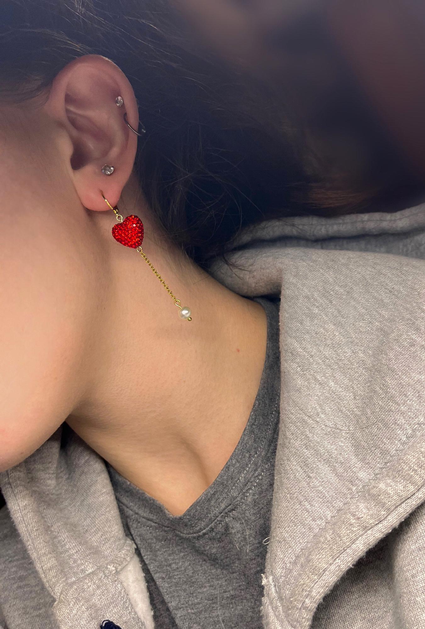Heart Balloon Earrings | Valentines Day Rhinestone Heart Earrings | Red Gold Pearl Earrings for Women | Stainless Steel Non-Tarnish Earrings