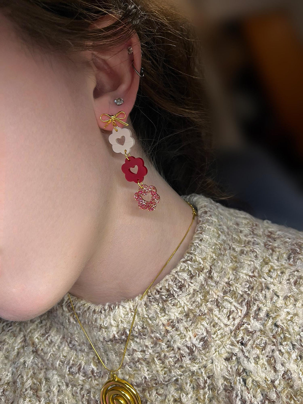 Scalloped Heart Dangles | Stacked Bow Heart Earrings | Valentines Day Earrings | Dainty Small Acrylic Earrings | Red Heart Stacks | Gold |
