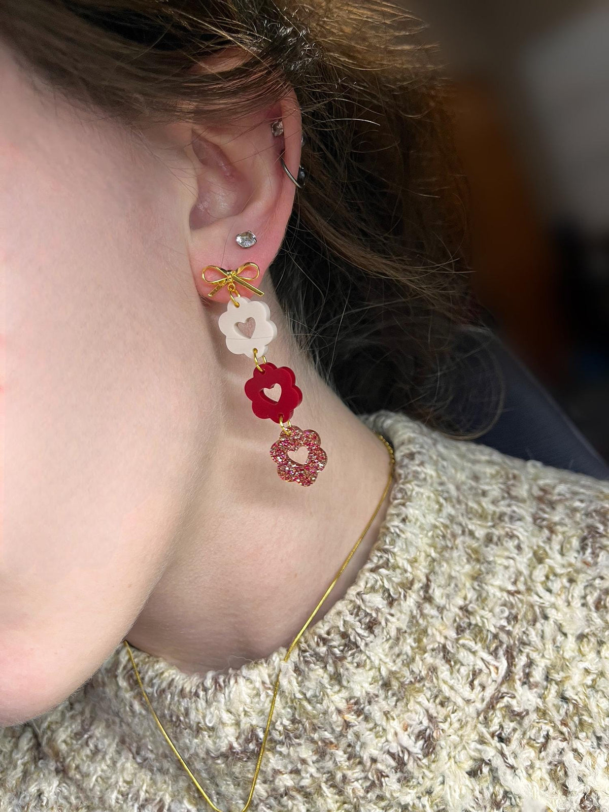 Scalloped Heart Dangles | Stacked Bow Heart Earrings | Valentines Day Earrings | Dainty Small Acrylic Earrings | Red Heart Stacks | Gold |