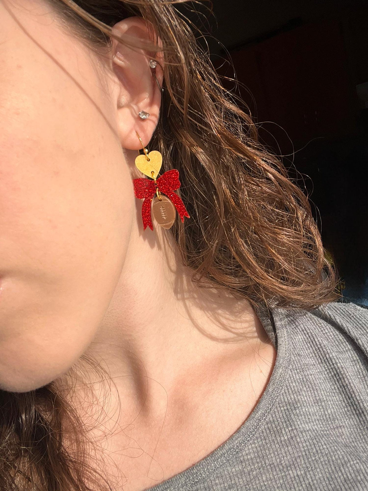 Chiefs Inspired Acrylic Earrings | Football Earrings | Kansas City Inspired Earrings | Dangle Bow Earrings | Game Day Football Sports |