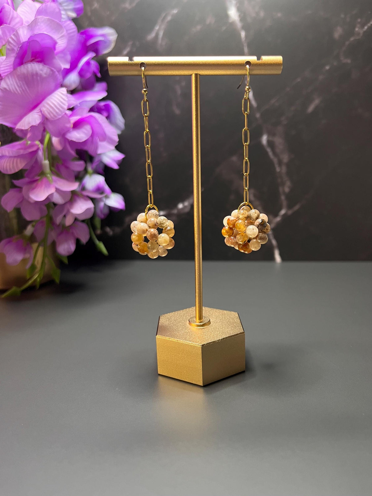 Paperclip Chain Stone Dangle Earrings | Natural Stone Gemstone Earrings | Earrings for Women | Simple Professional Gold Jewelry |