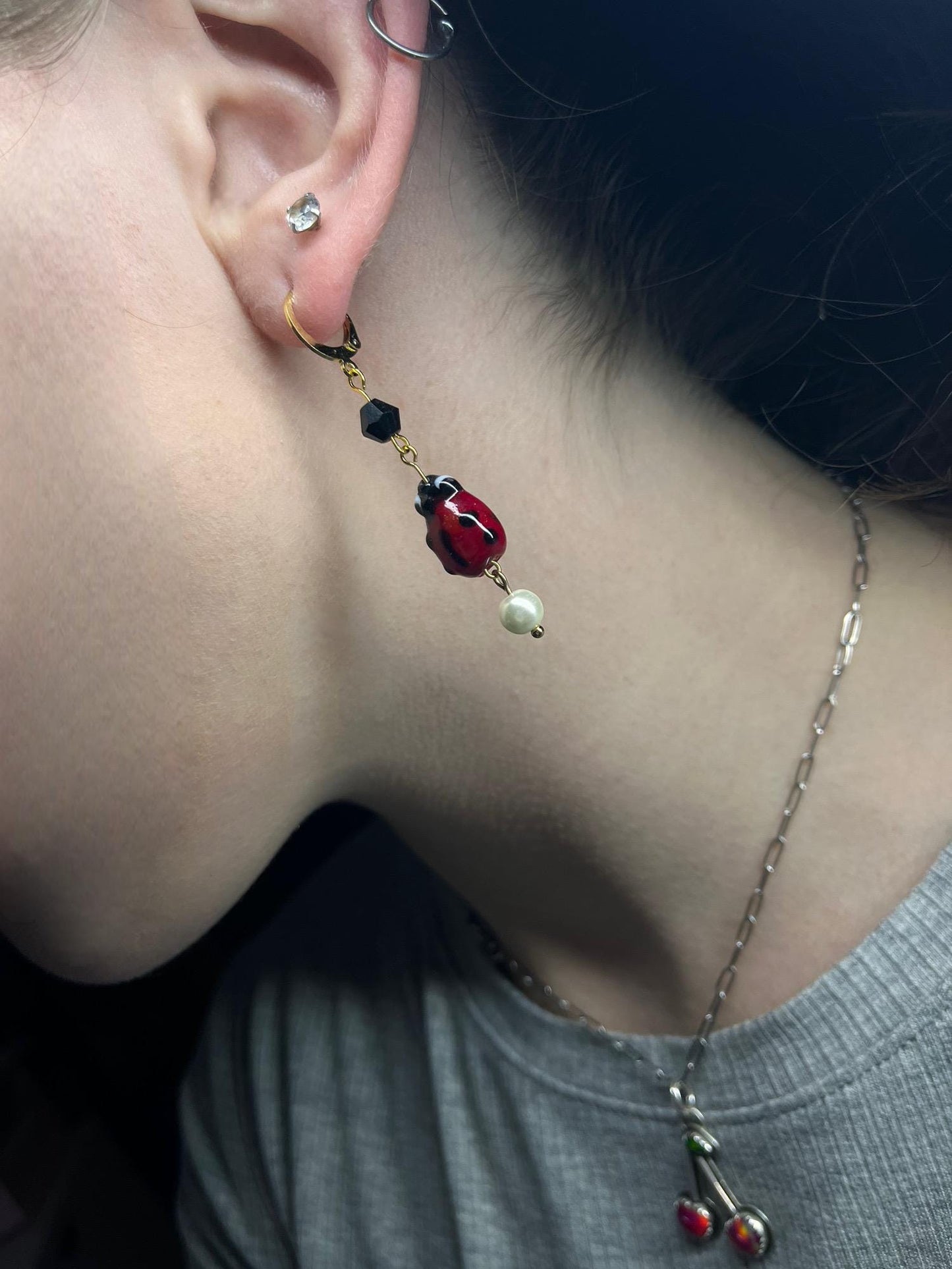 Glass Ladybug Earrings | Glass Bead Earrings | Ladybug Spring Cottage Core | Earrings for Women | Insect Earrings | Huggie Hoop S Steel |