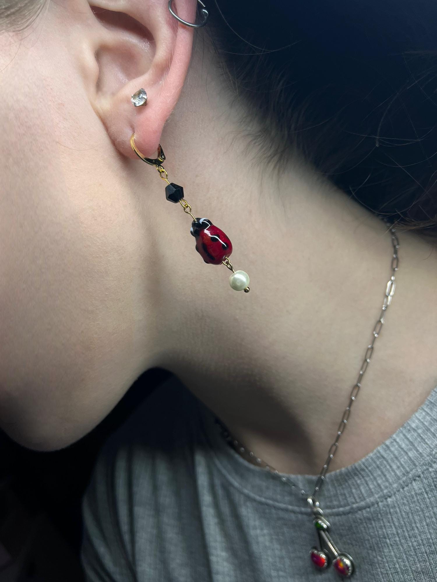 Glass Ladybug Earrings | Glass Bead Earrings | Ladybug Spring Cottage Core | Earrings for Women | Insect Earrings | Huggie Hoop S Steel |