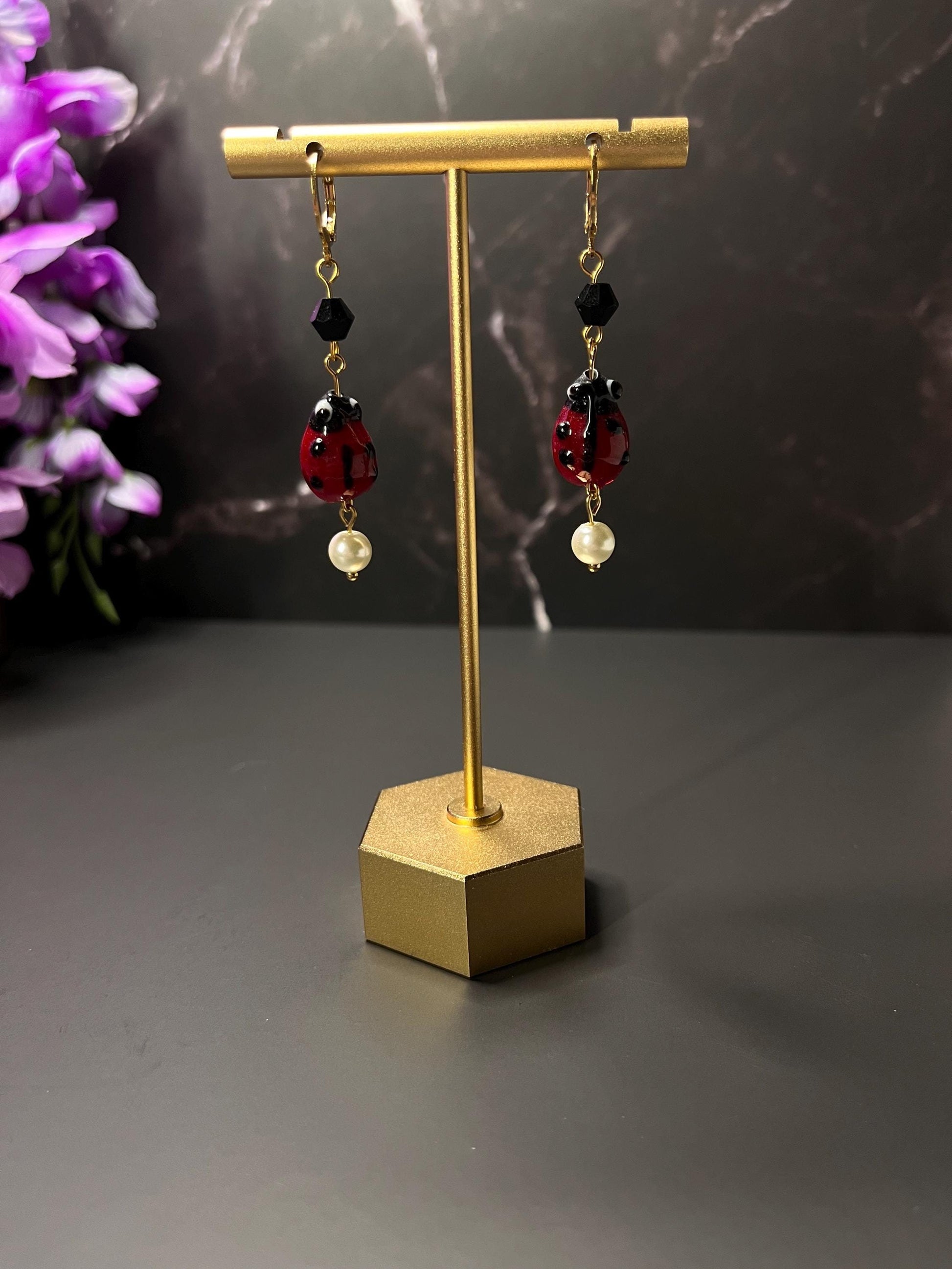 Glass Ladybug Earrings | Glass Bead Earrings | Ladybug Spring Cottage Core | Earrings for Women | Insect Earrings | Huggie Hoop S Steel |