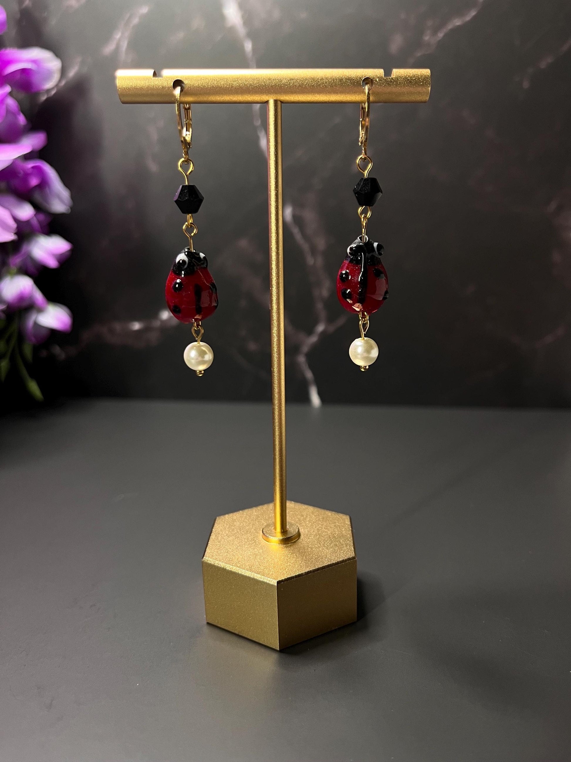 Glass Ladybug Earrings | Glass Bead Earrings | Ladybug Spring Cottage Core | Earrings for Women | Insect Earrings | Huggie Hoop S Steel |