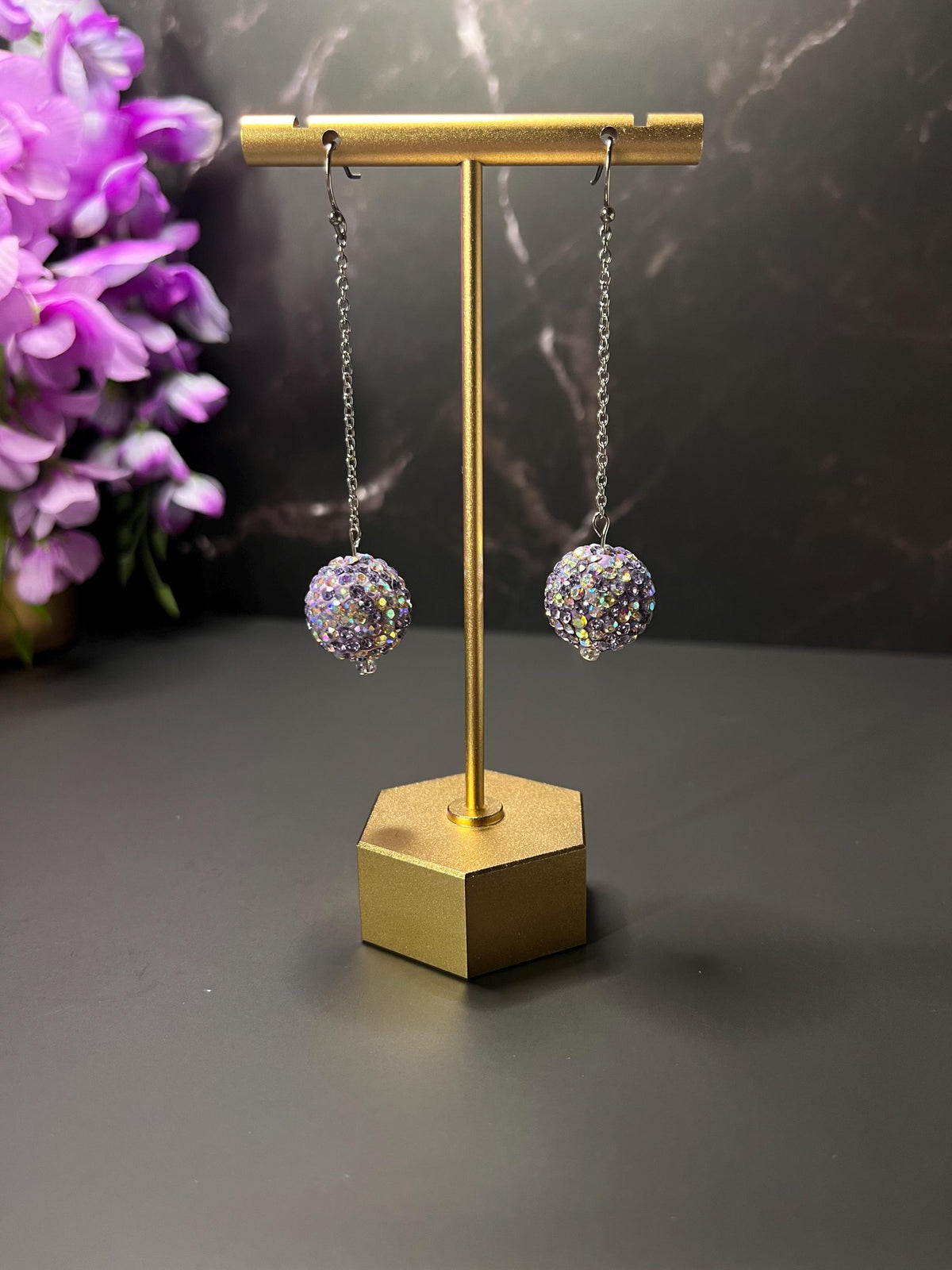 Sparkly Purple Rhinestone Earrings | Lightweight Drop Earrings for Women | Sparkly Light Purple Earrings | Fun Party Game Day | Simple |