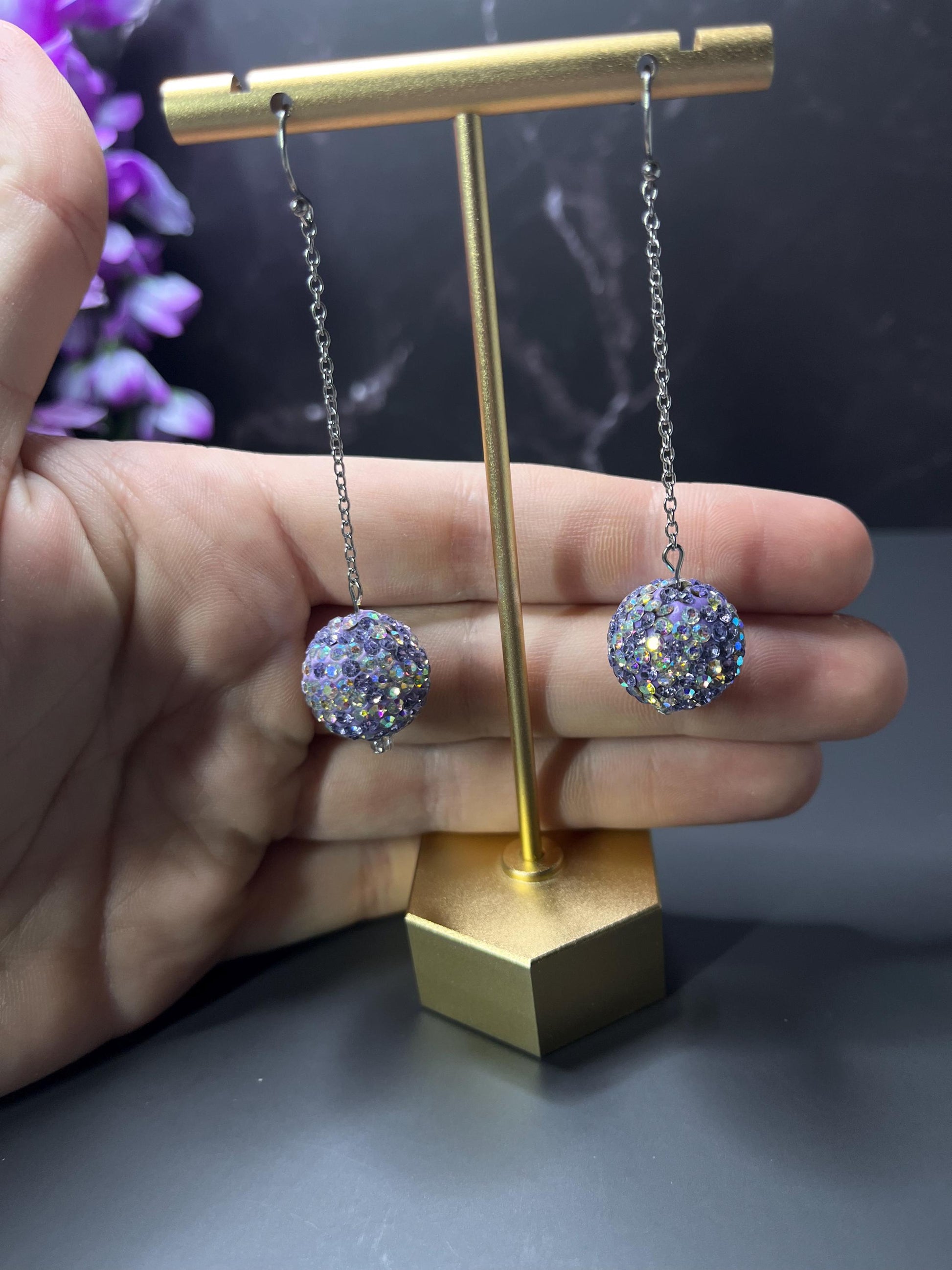 Sparkly Purple Rhinestone Earrings | Lightweight Drop Earrings for Women | Sparkly Light Purple Earrings | Fun Party Game Day | Simple |