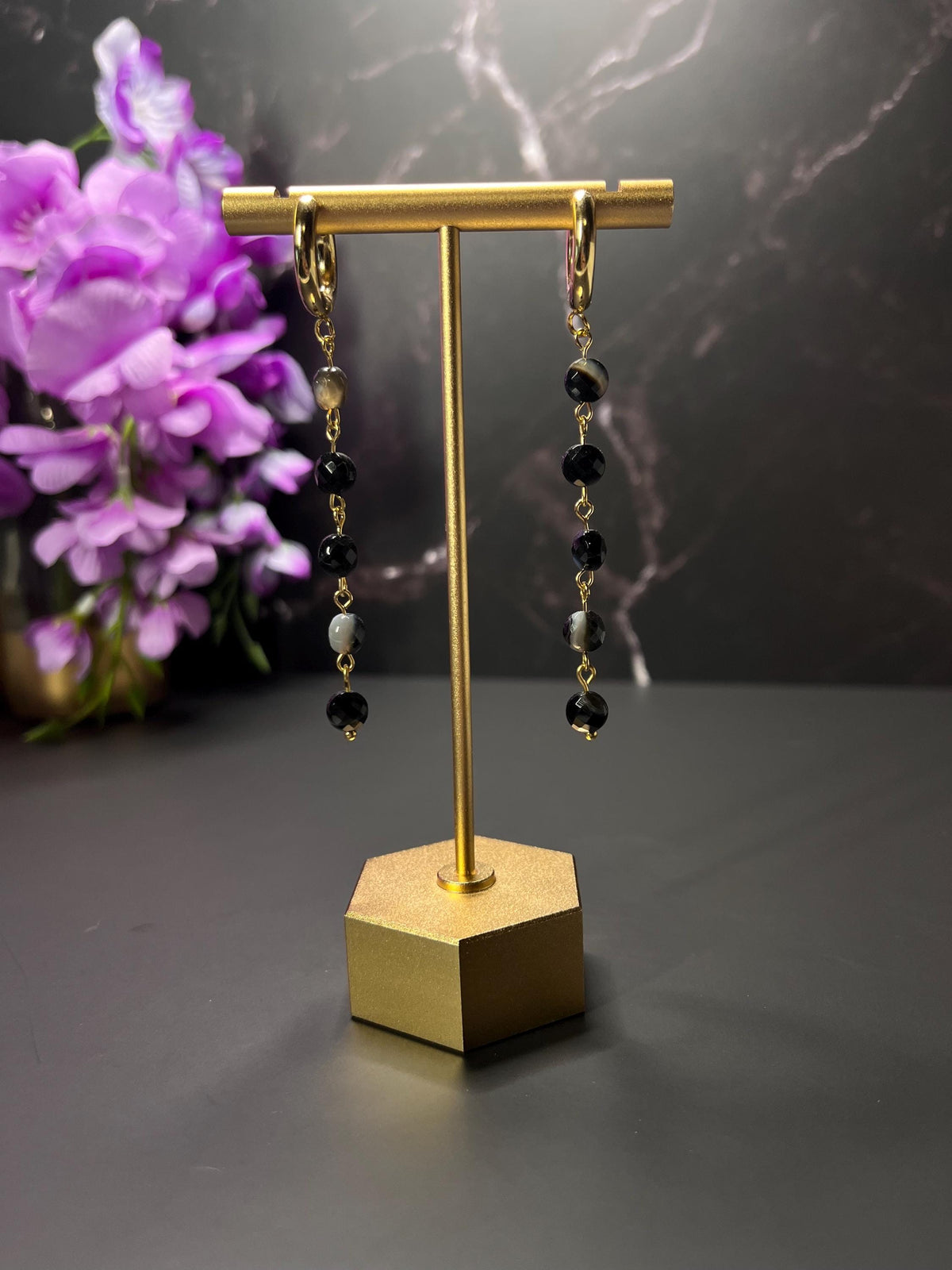 Agate Stone Drop Earrings | Chunky Gold Hoop Stone Earrings | Black Agate | Earrings for Women | Dainty Formal Lightweight Jewelry |