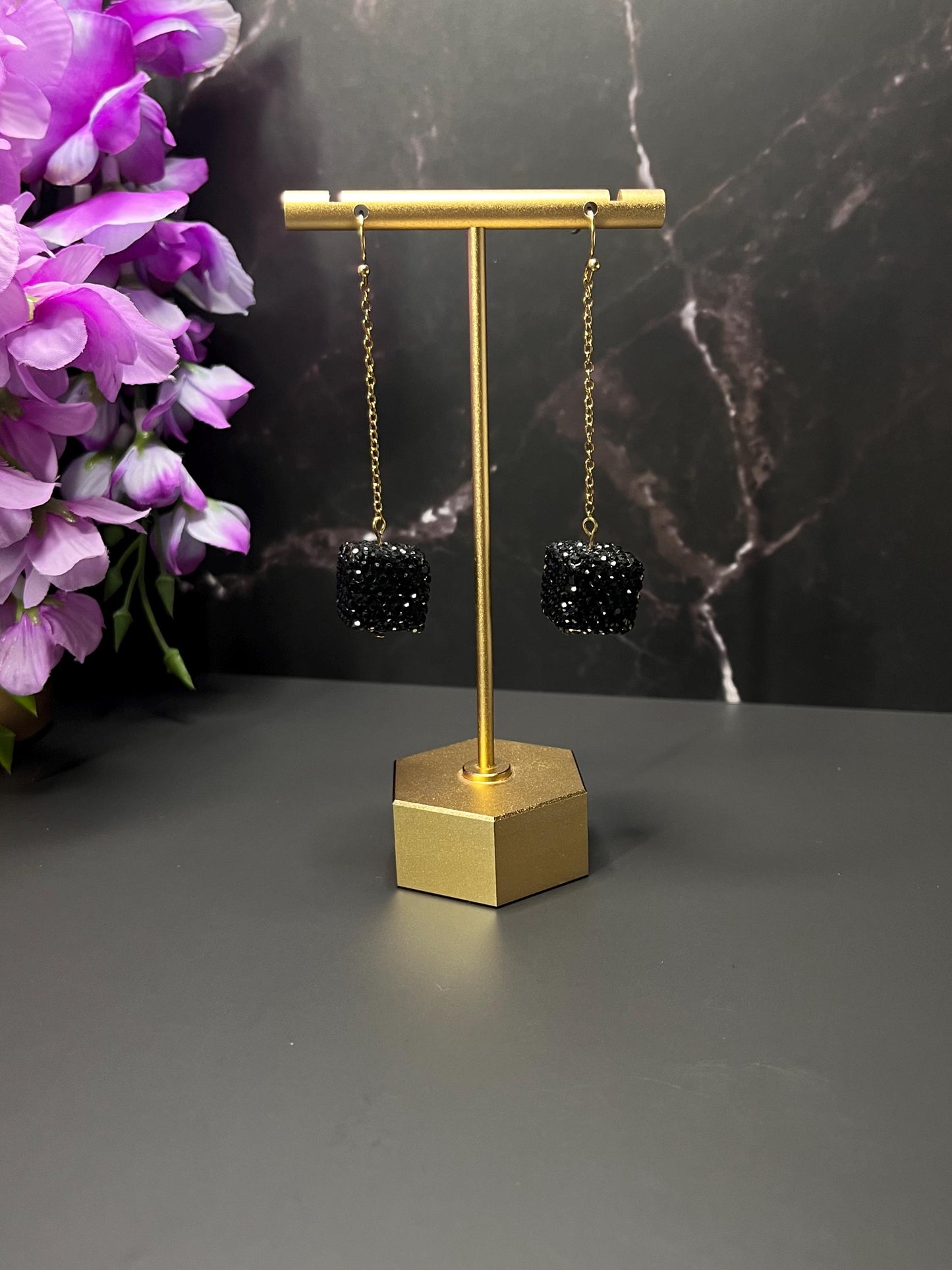 Black Rhinestone Square Earrings | Elegant Black and Gold Earrings | Lightweight Stainless Steel | Square Beaded Earrings | Gifts for Her |