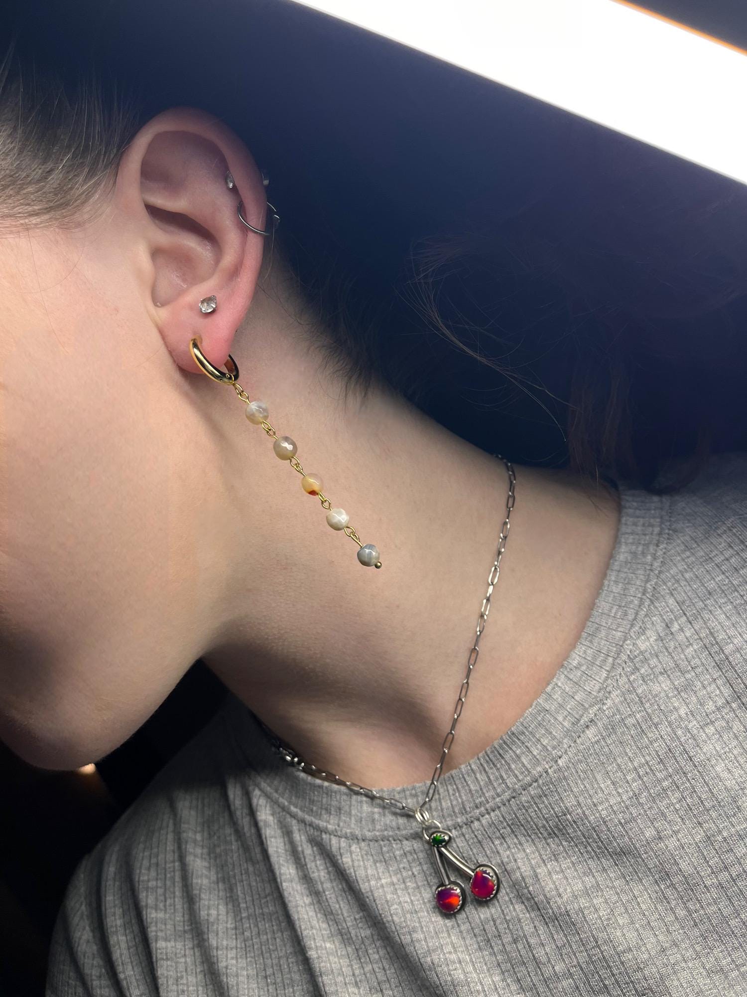 Chunky Gold Hoop Earrings | Agate Stone Drop Earrings | Earthy Natural Color Earrings | Minimalist Everyday Wear | Stainless Steel Hoops |