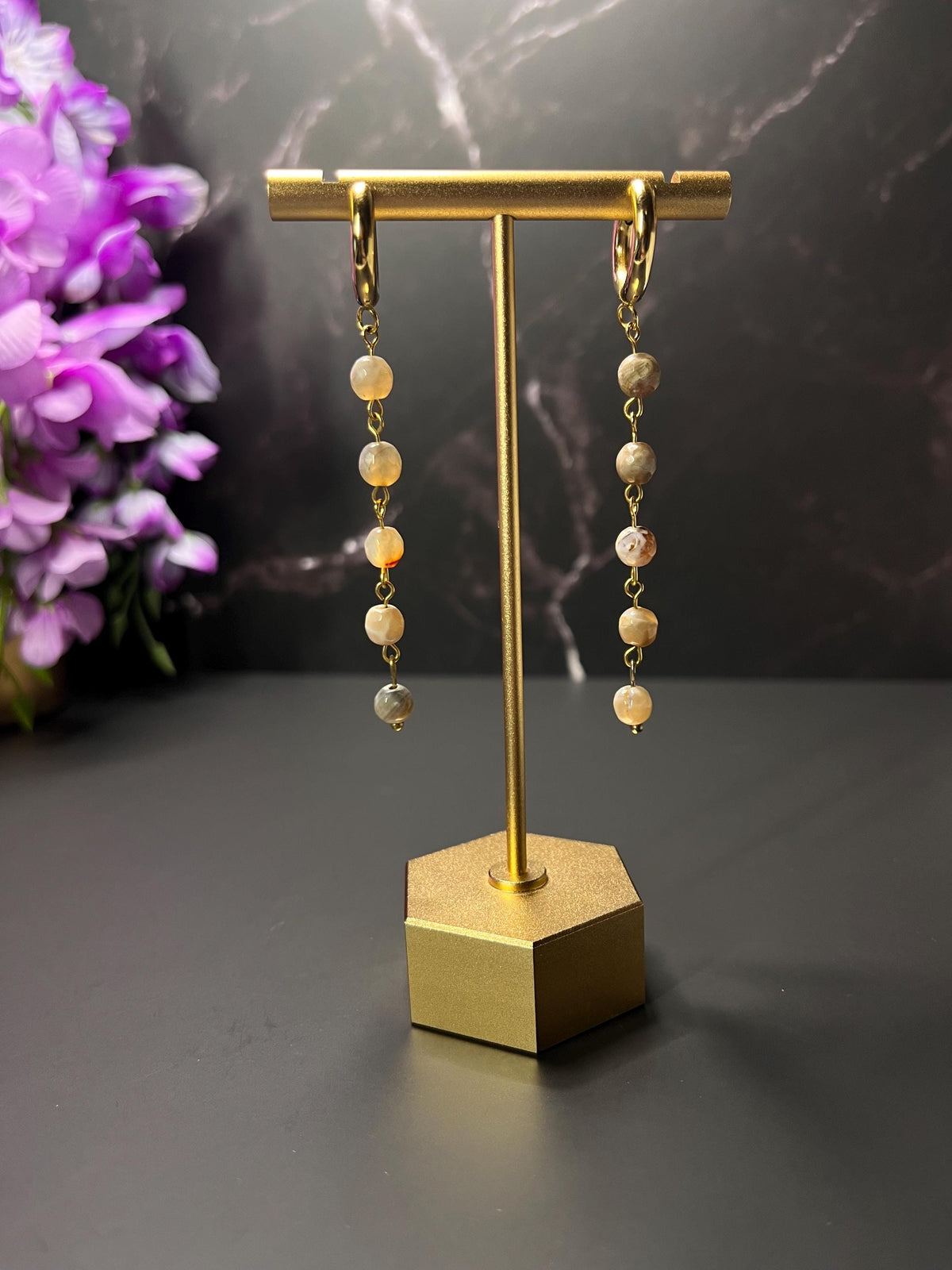 Chunky Gold Hoop Earrings | Agate Stone Drop Earrings | Earthy Natural Color Earrings | Minimalist Everyday Wear | Stainless Steel Hoops |