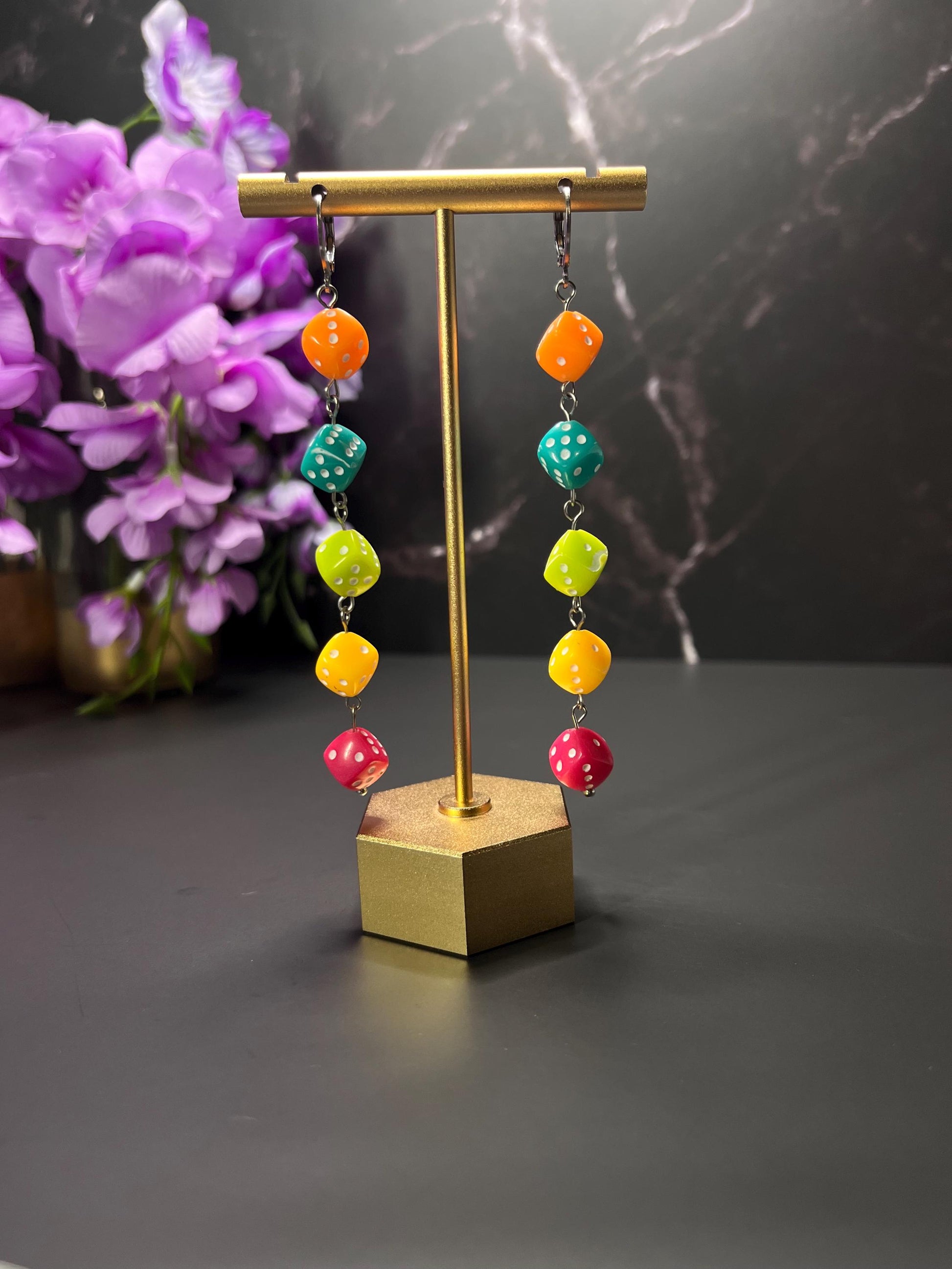 Dice Dangle Earrings | Retro Colorful Dice | Beaded Dice Earrings | Trendy Retro Earrings for Women | Fun Maximalist Jewelry | Lightweight |