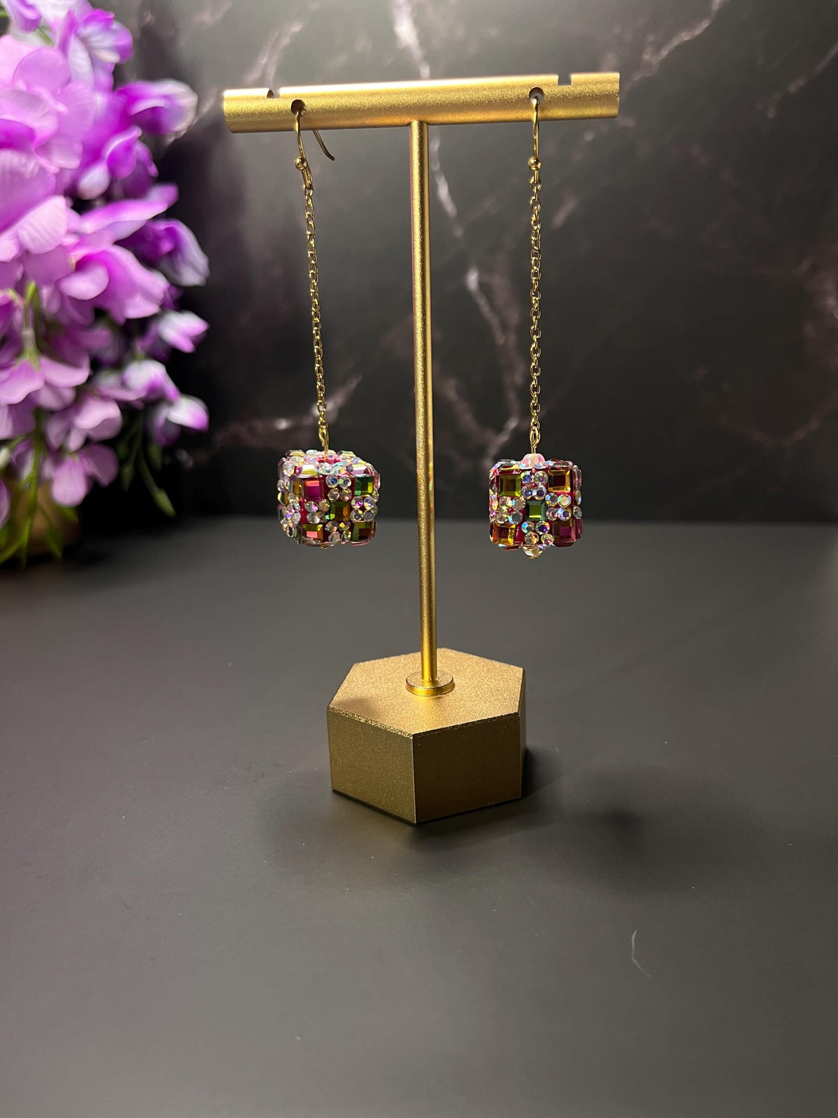 Sparkly Square Rhinestone Earrings | Magenta and Green Drop Earrings | Formal Minimalist Drop Earrings | Gifts for Her | Stainless Steel |