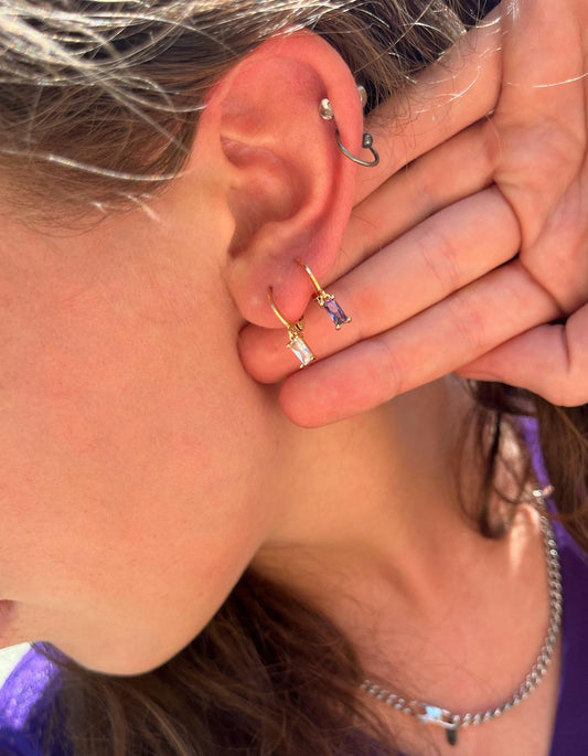 18k Gold Filled Cubic Zirconia Huggie Hoop Earring | Purple White Gemstone Earrings | Gold Jewelry | Birthstone Earring | Stainless Steel |