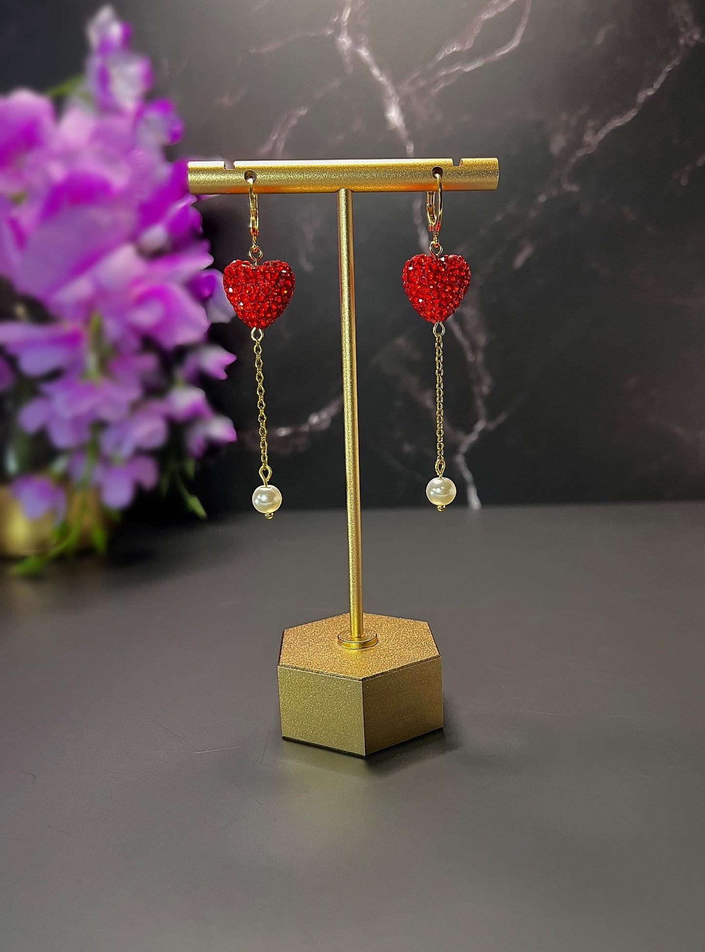 Heart Balloon Earrings | Valentines Day Rhinestone Heart Earrings | Red Gold Pearl Earrings for Women | Stainless Steel Non-Tarnish Earrings