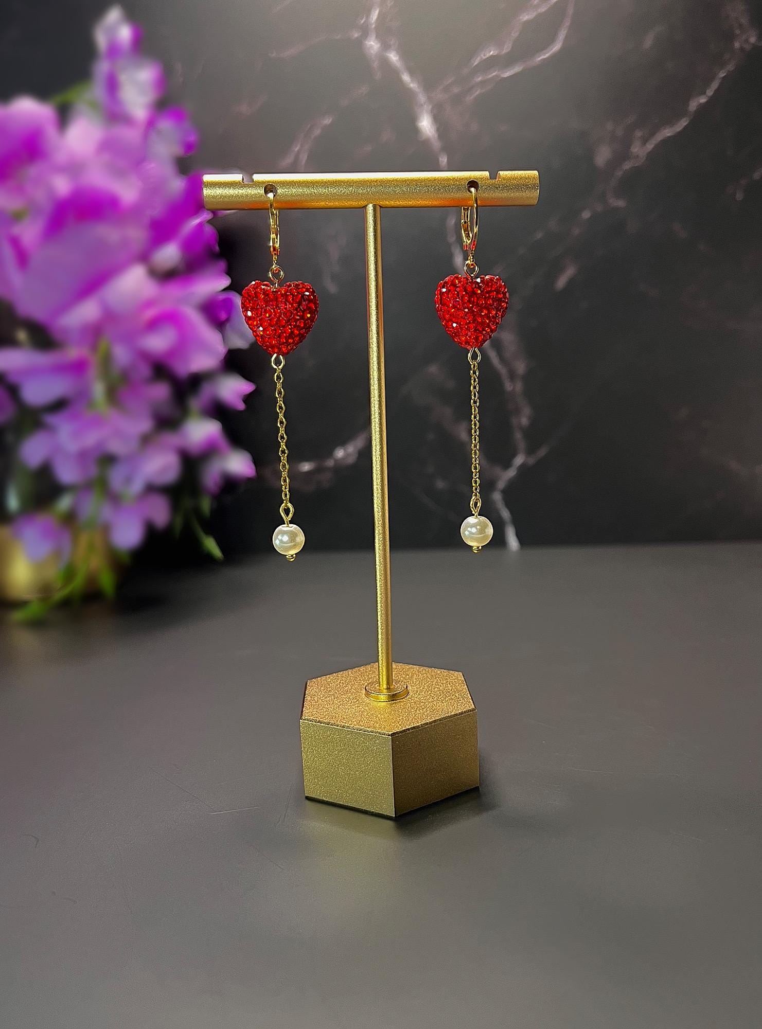 Heart Balloon Earrings | Valentines Day Rhinestone Heart Earrings | Red Gold Pearl Earrings for Women | Stainless Steel Non-Tarnish Earrings